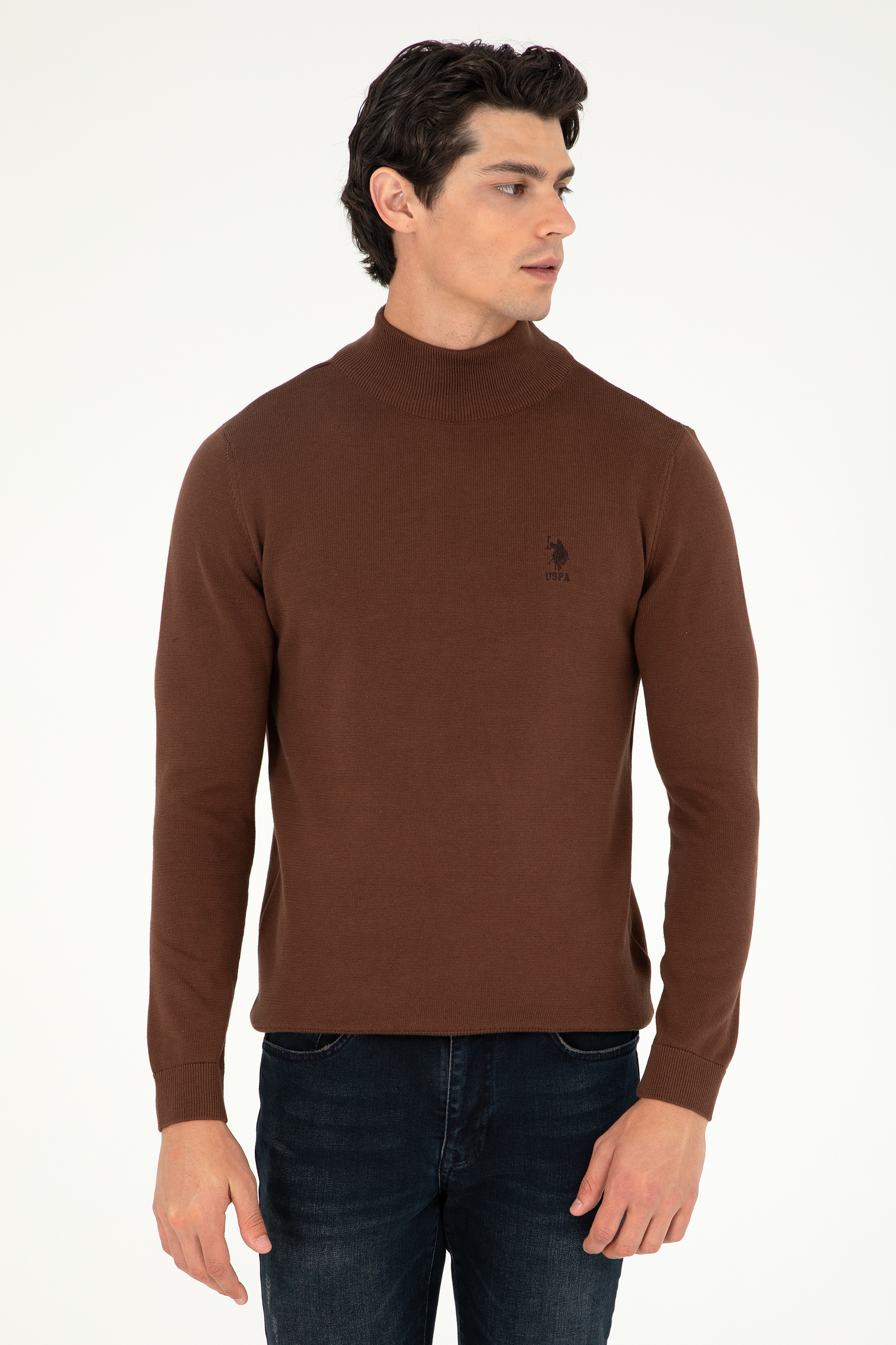 Erkek Slim Fit Yarım Boğazlı Kahverengi Basic Kazak - Image 1