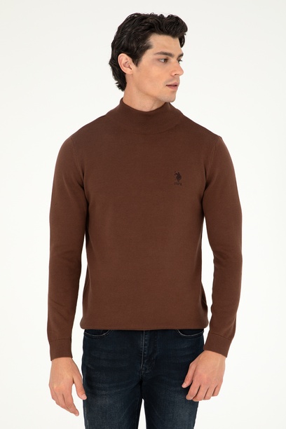 Erkek Slim Fit Yarım Boğazlı Kahverengi Basic Kazak