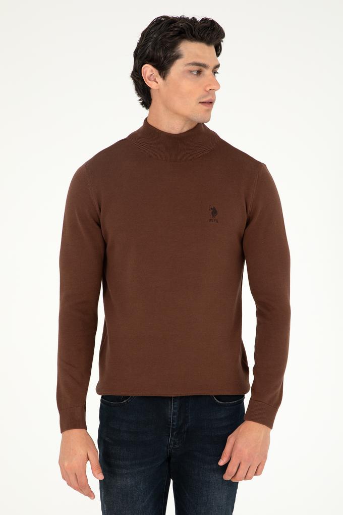 Erkek Slim Fit Yarım Boğazlı Kahverengi Basic Kazak