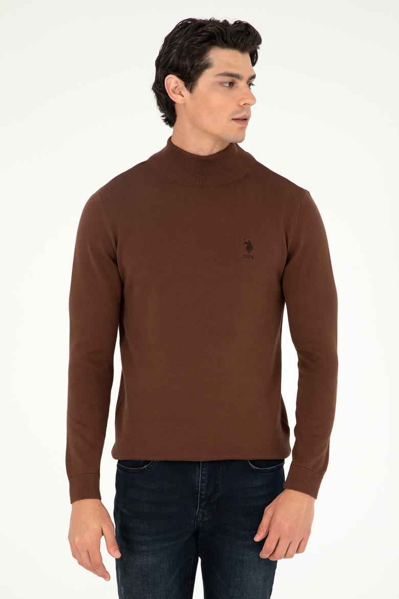 Erkek Slim Fit Yarım Boğazlı Kahverengi Basic Kazak