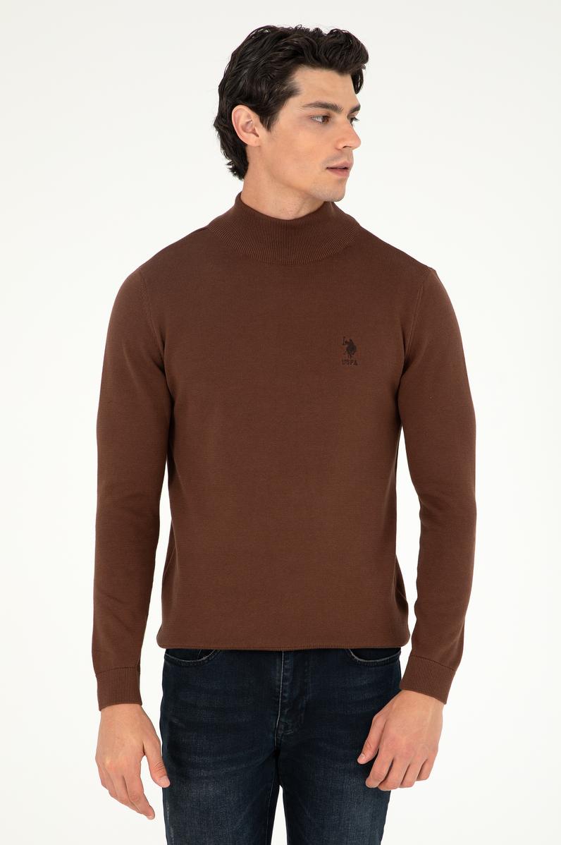 Erkek Slim Fit Yarım Boğazlı Kahverengi Basic Kazak