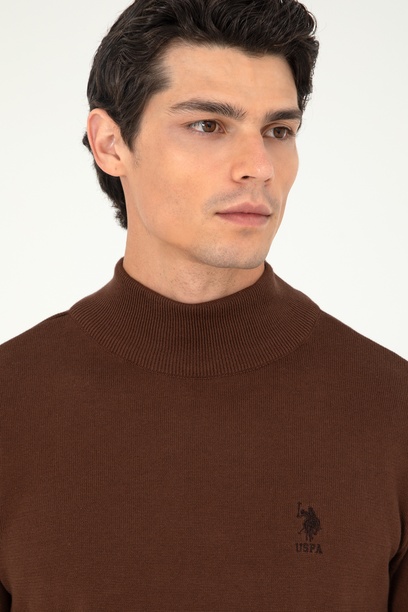 Erkek Slim Fit Yarım Boğazlı Kahverengi Basic Kazak