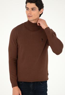 Erkek Slim Fit Yarım Boğazlı Kahverengi Basic Kazak - 50288887137