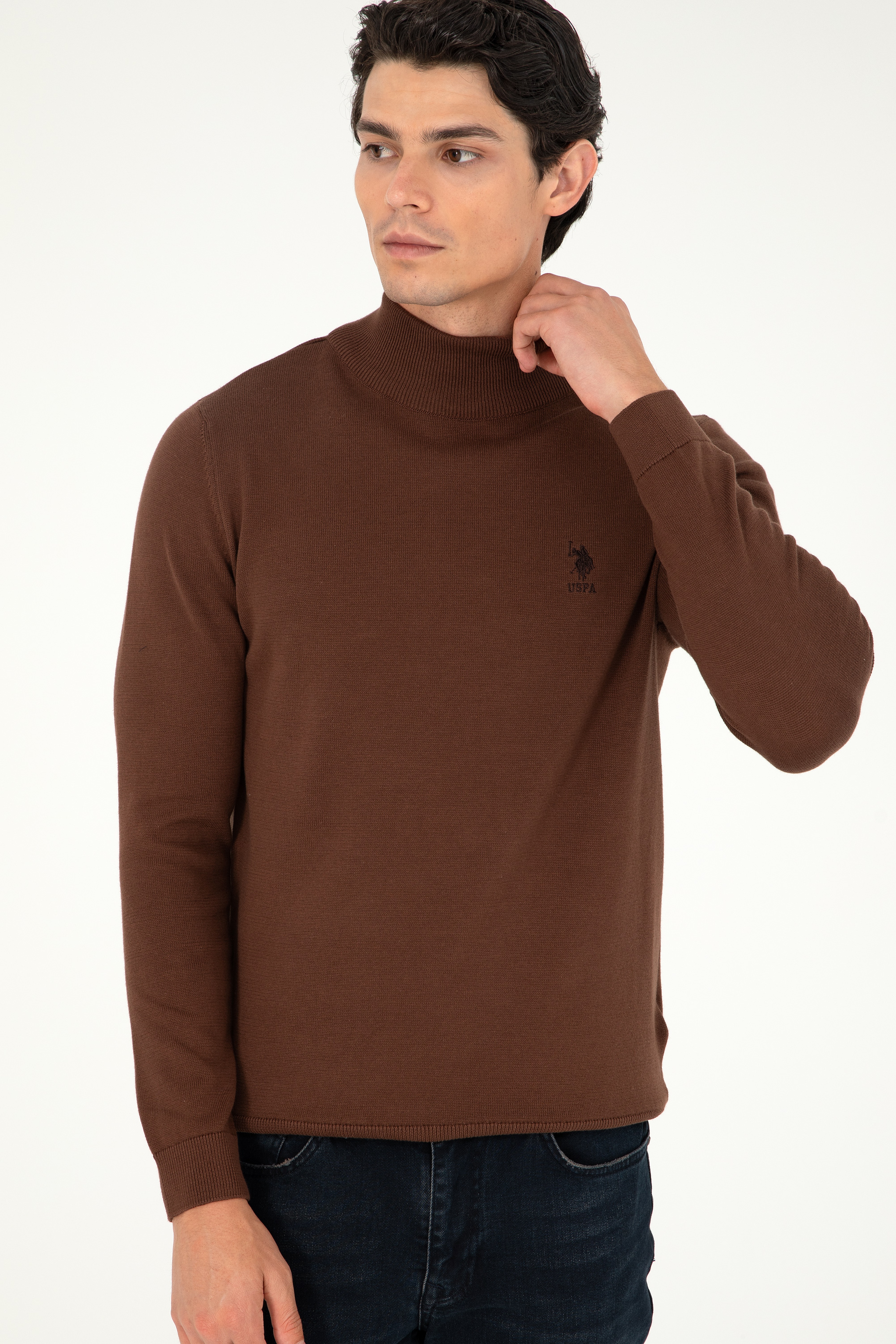 Erkek Slim Fit Yarım Boğazlı Kahverengi Basic Kazak - Image 3