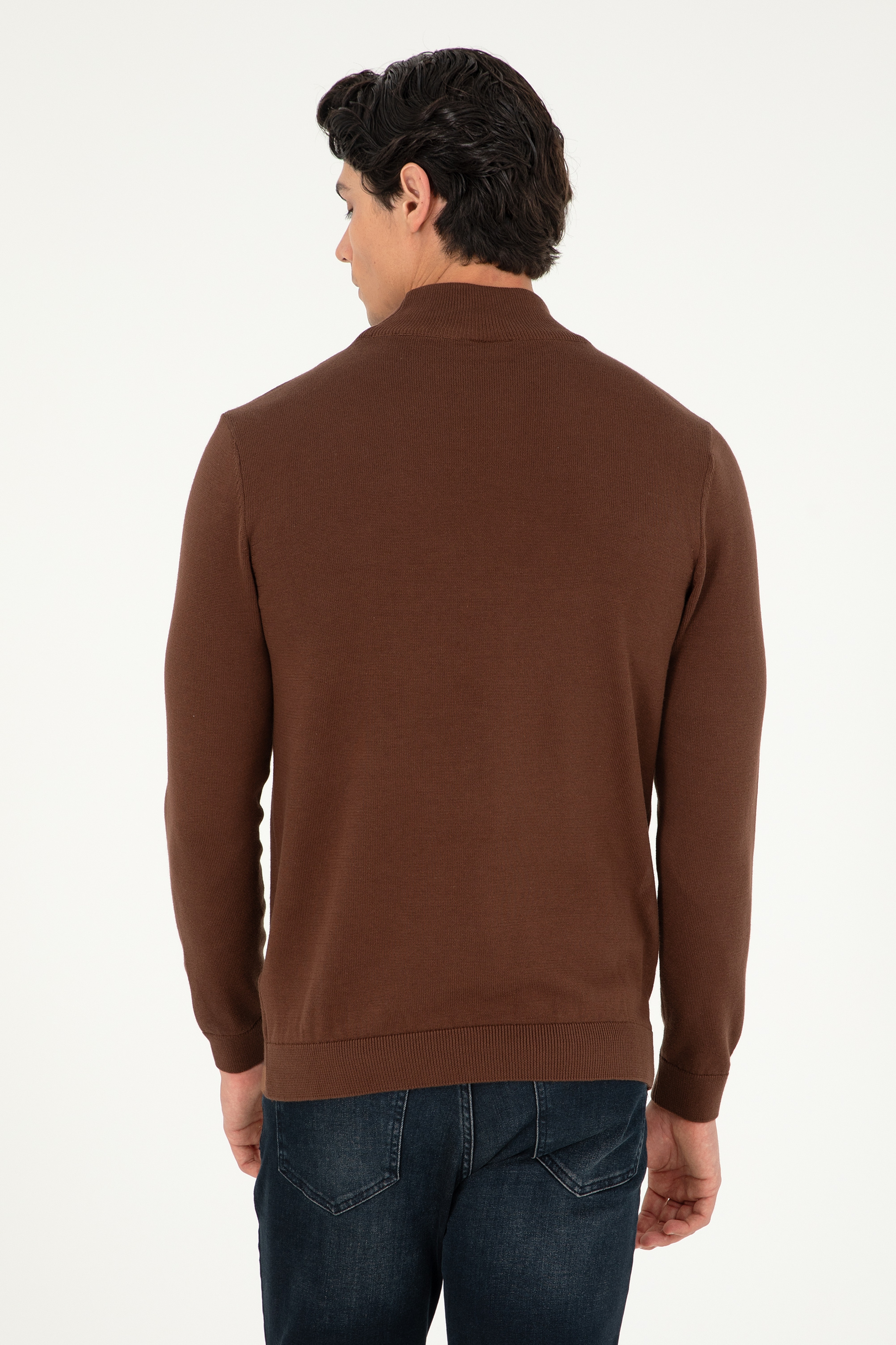 Erkek Slim Fit Yarım Boğazlı Kahverengi Basic Kazak - Image 5