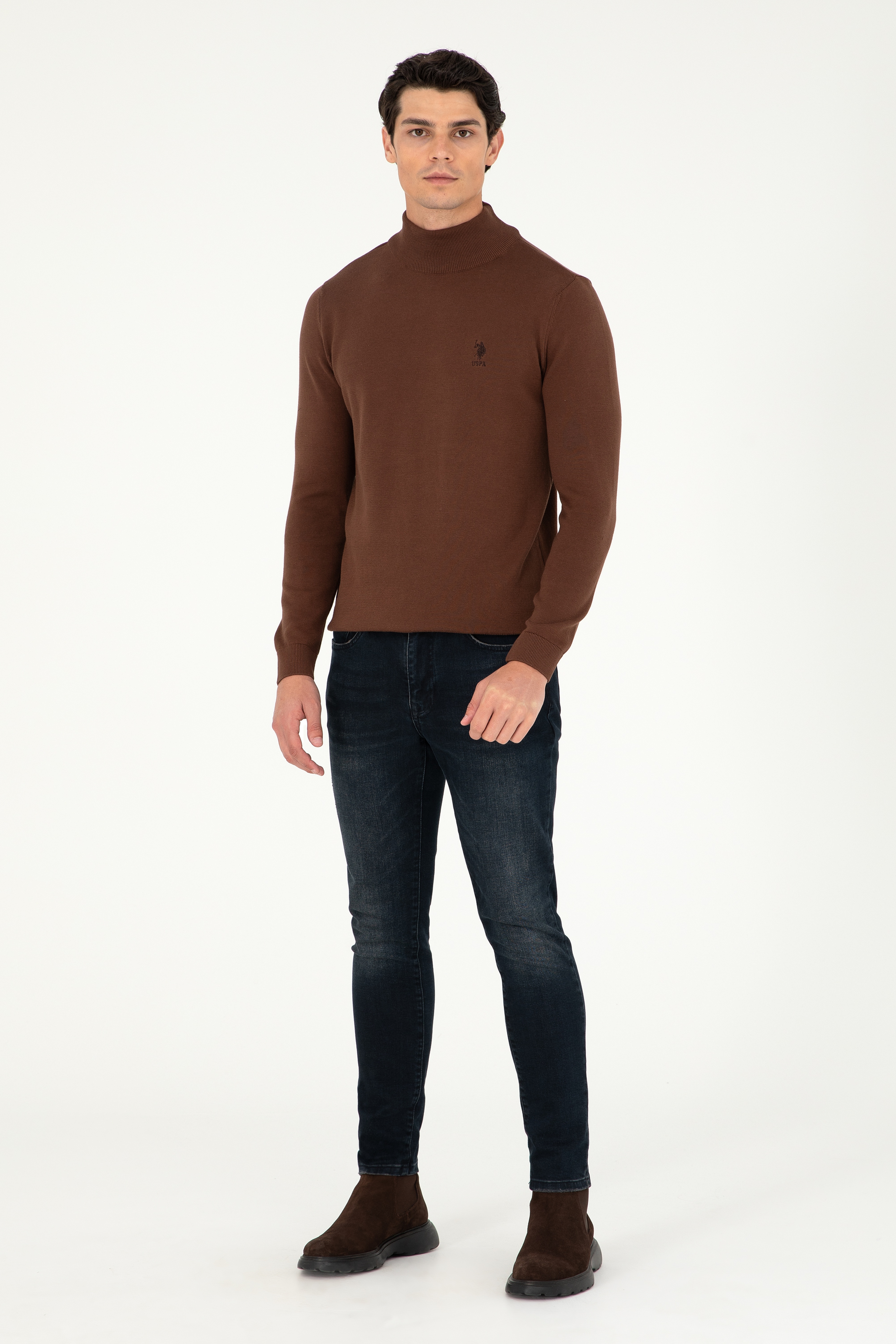 Erkek Slim Fit Yarım Boğazlı Kahverengi Basic Kazak - Image 4
