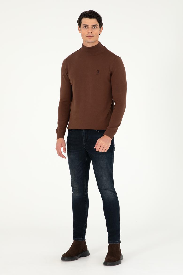 Erkek Slim Fit Yarım Boğazlı Kahverengi Basic Kazak - 50288887137
