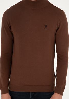 Erkek Slim Fit Yarım Boğazlı Kahverengi Basic Kazak - 50288887137