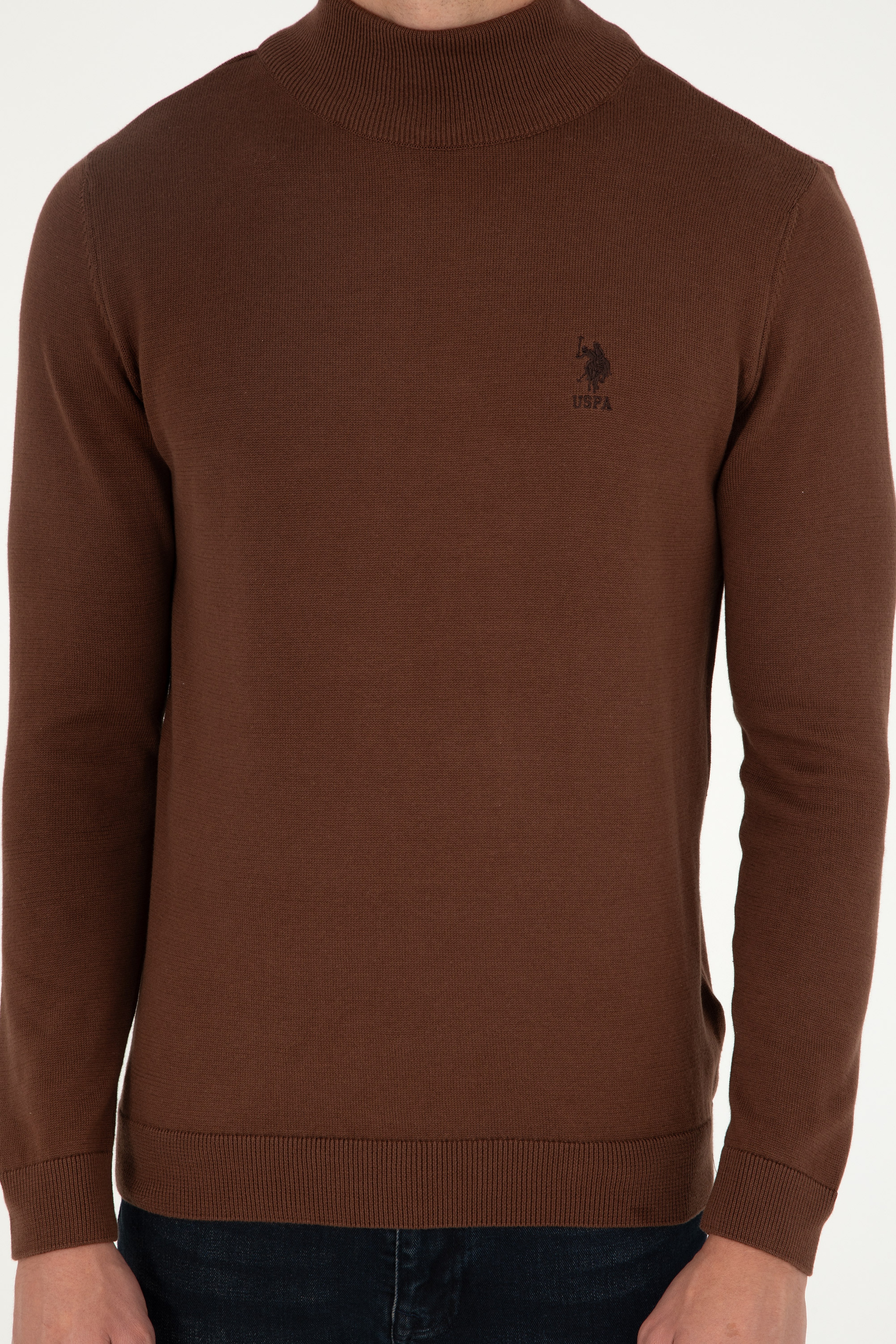Erkek Slim Fit Yarım Boğazlı Kahverengi Basic Kazak - Image 6