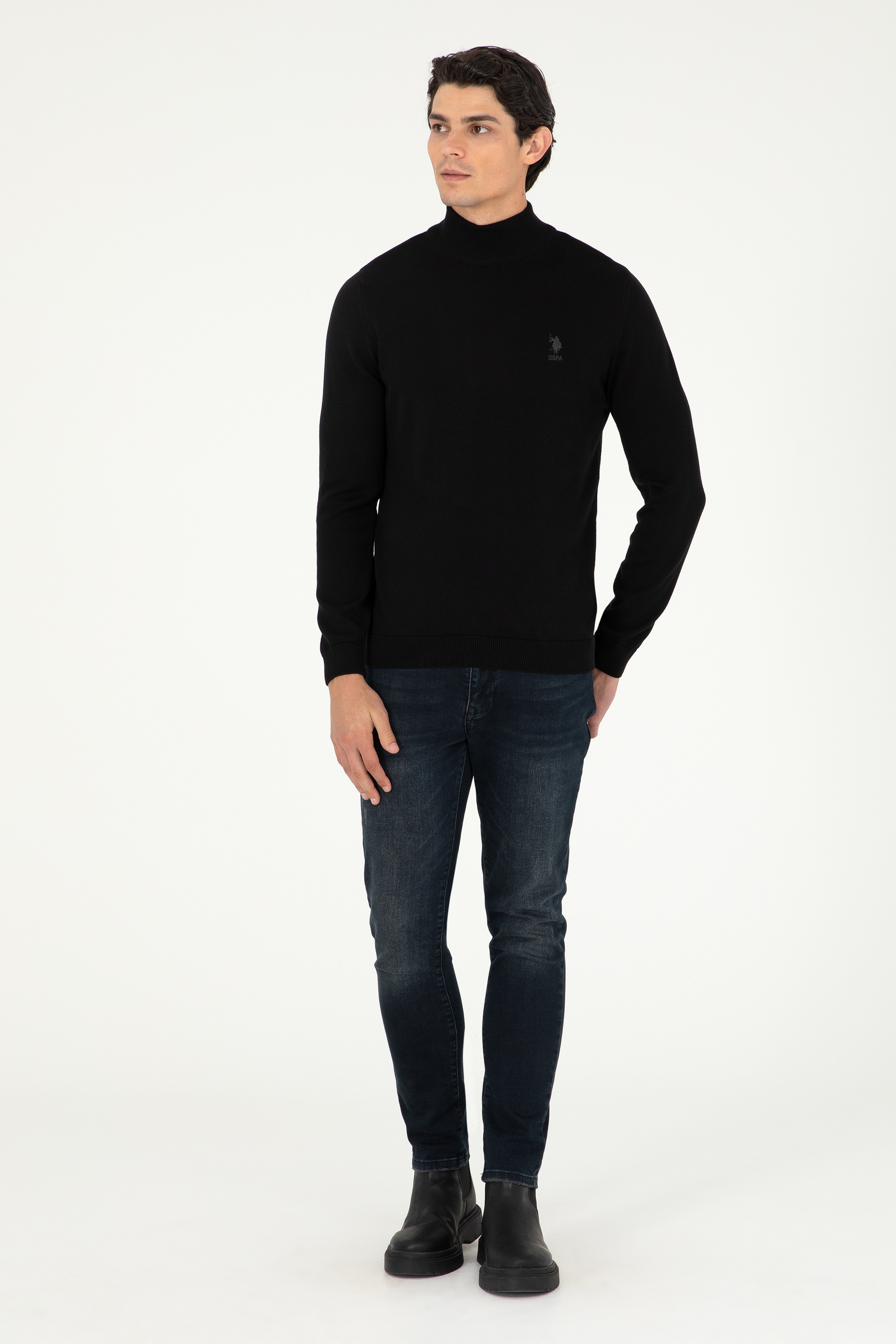 Erkek Slim Fit Yarım Boğazlı Siyah Basic Kazak - Image 4