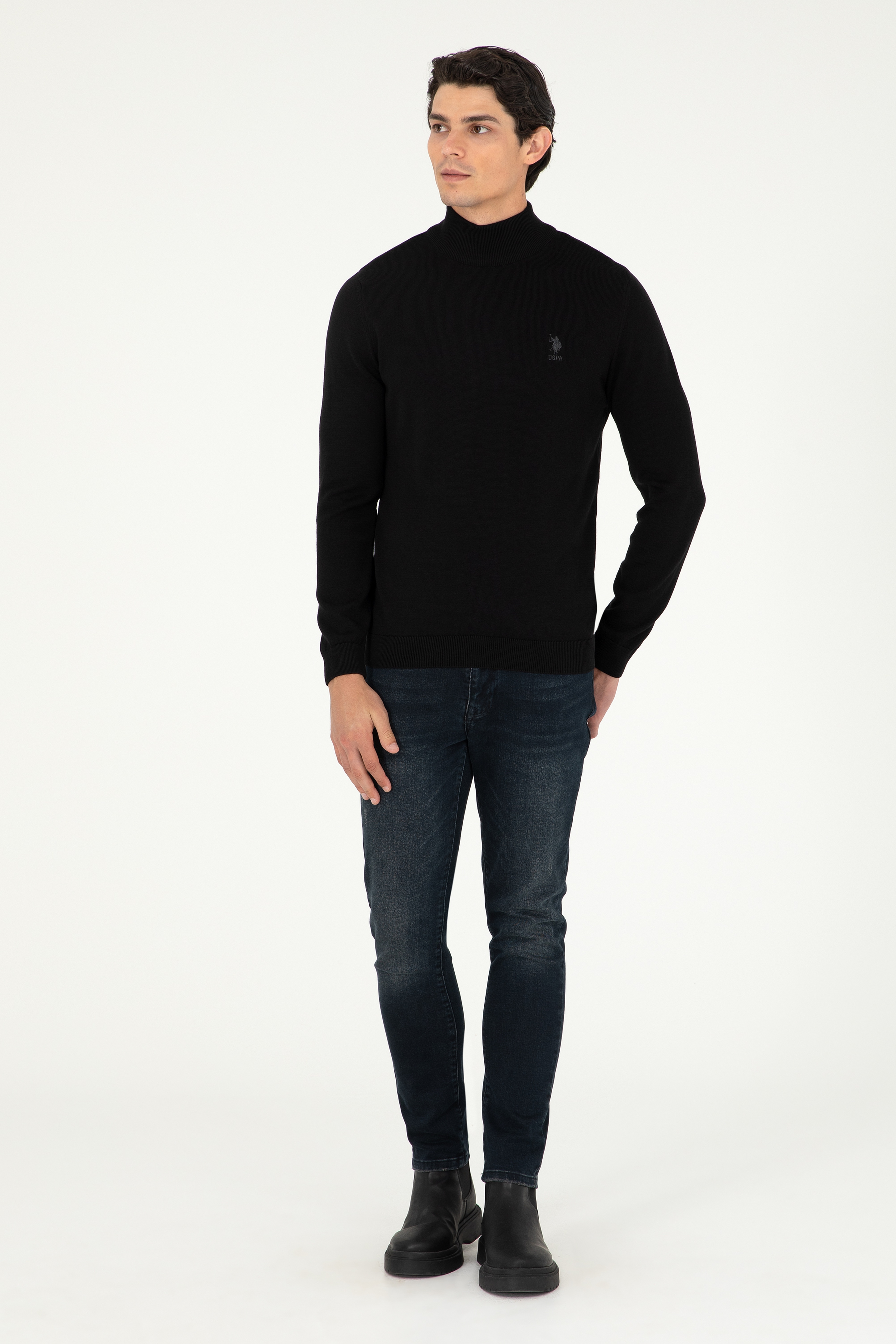 Erkek Slim Fit Yarım Boğazlı Siyah Basic Kazak