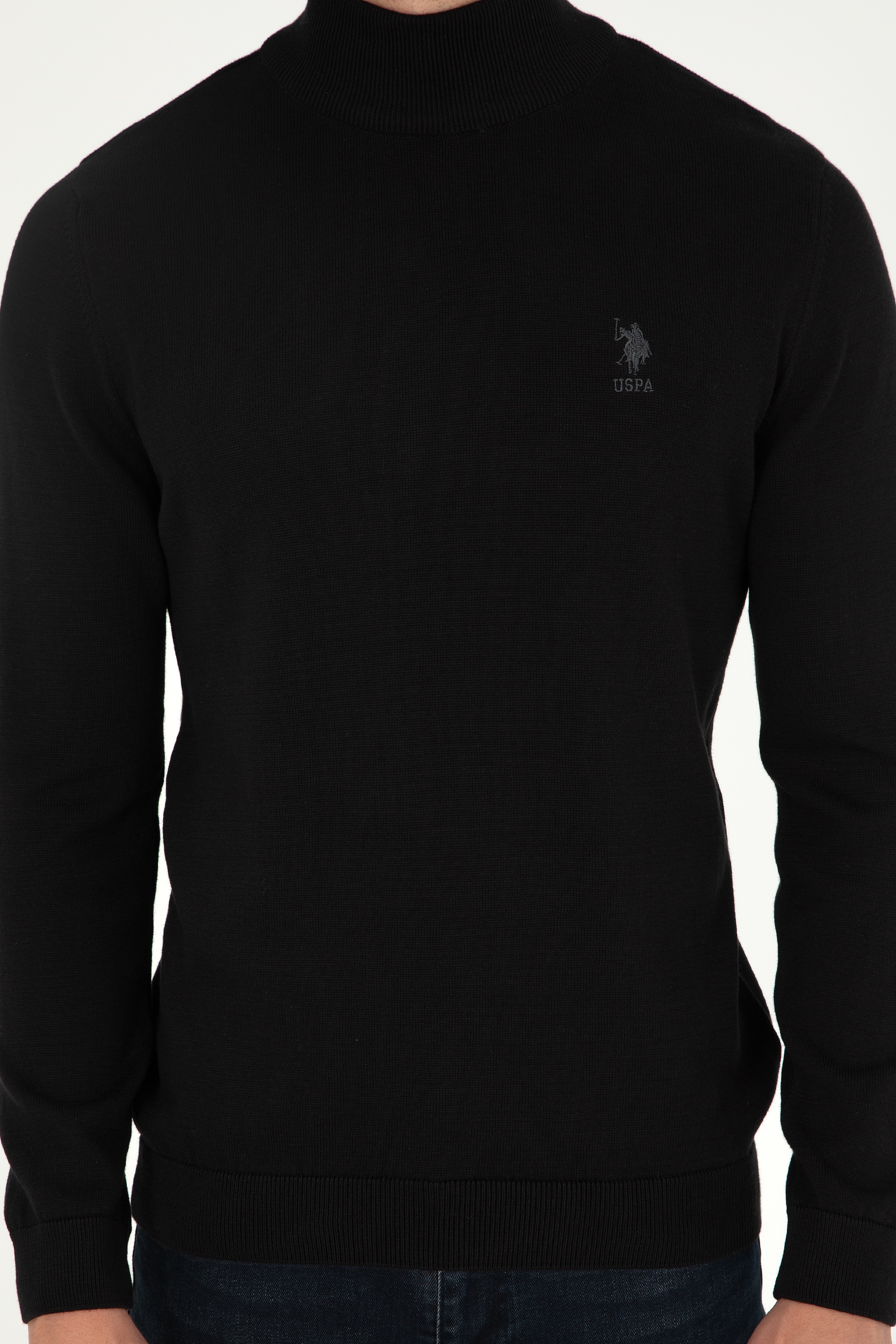 Erkek Slim Fit Yarım Boğazlı Siyah Basic Kazak