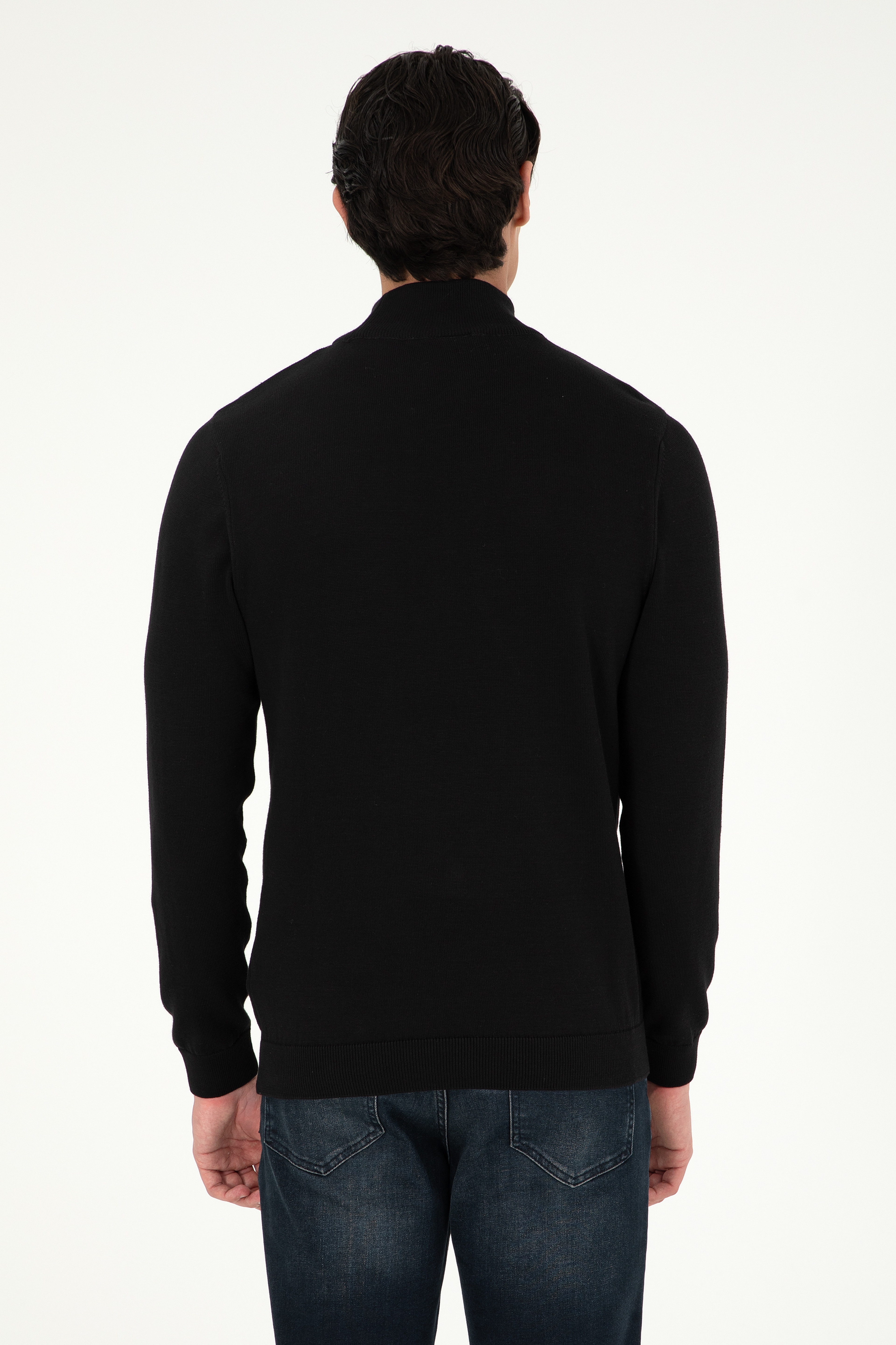 Erkek Slim Fit Yarım Boğazlı Siyah Basic Kazak - Image 5