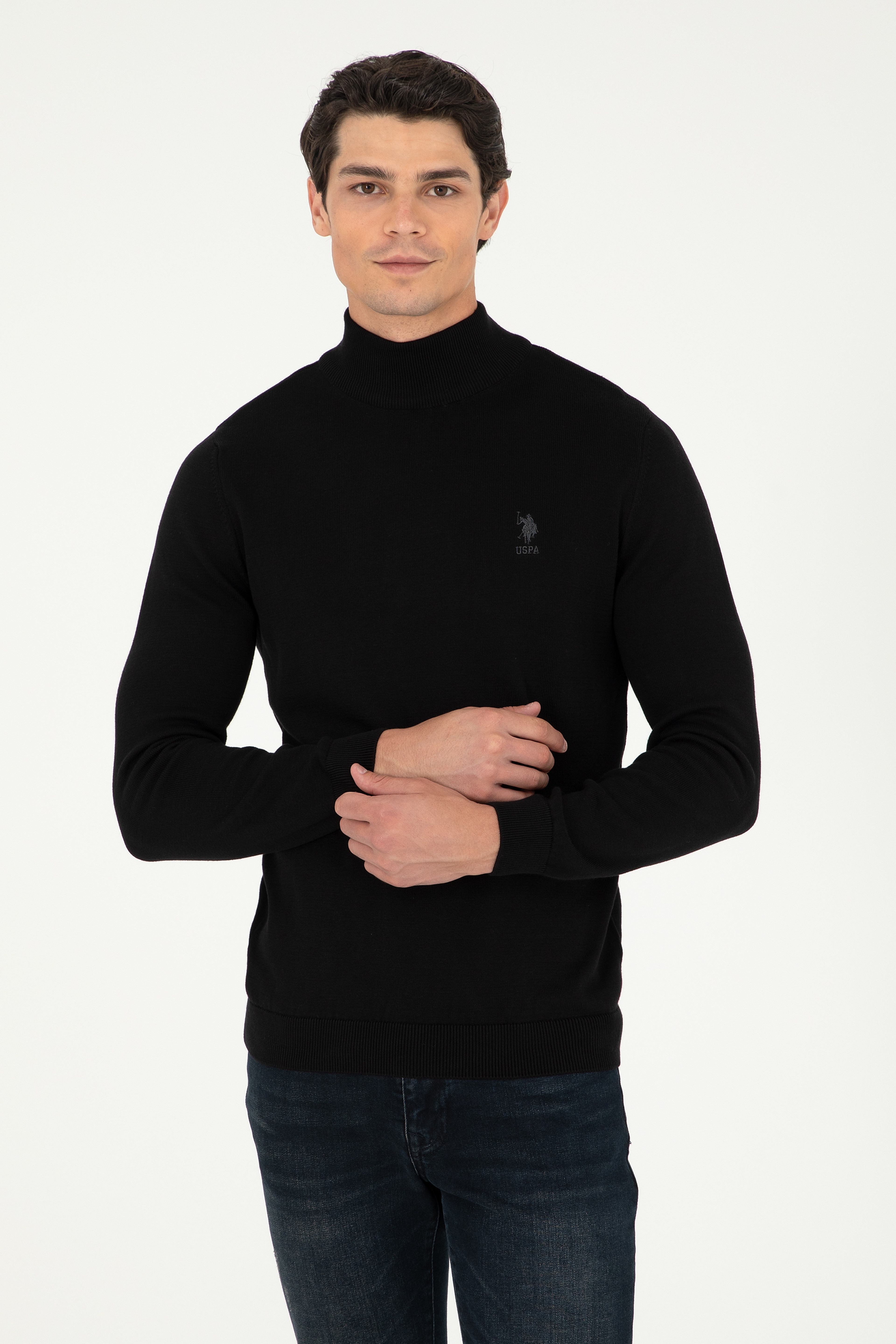 Erkek Slim Fit Yarım Boğazlı Siyah Basic Kazak - Image 1