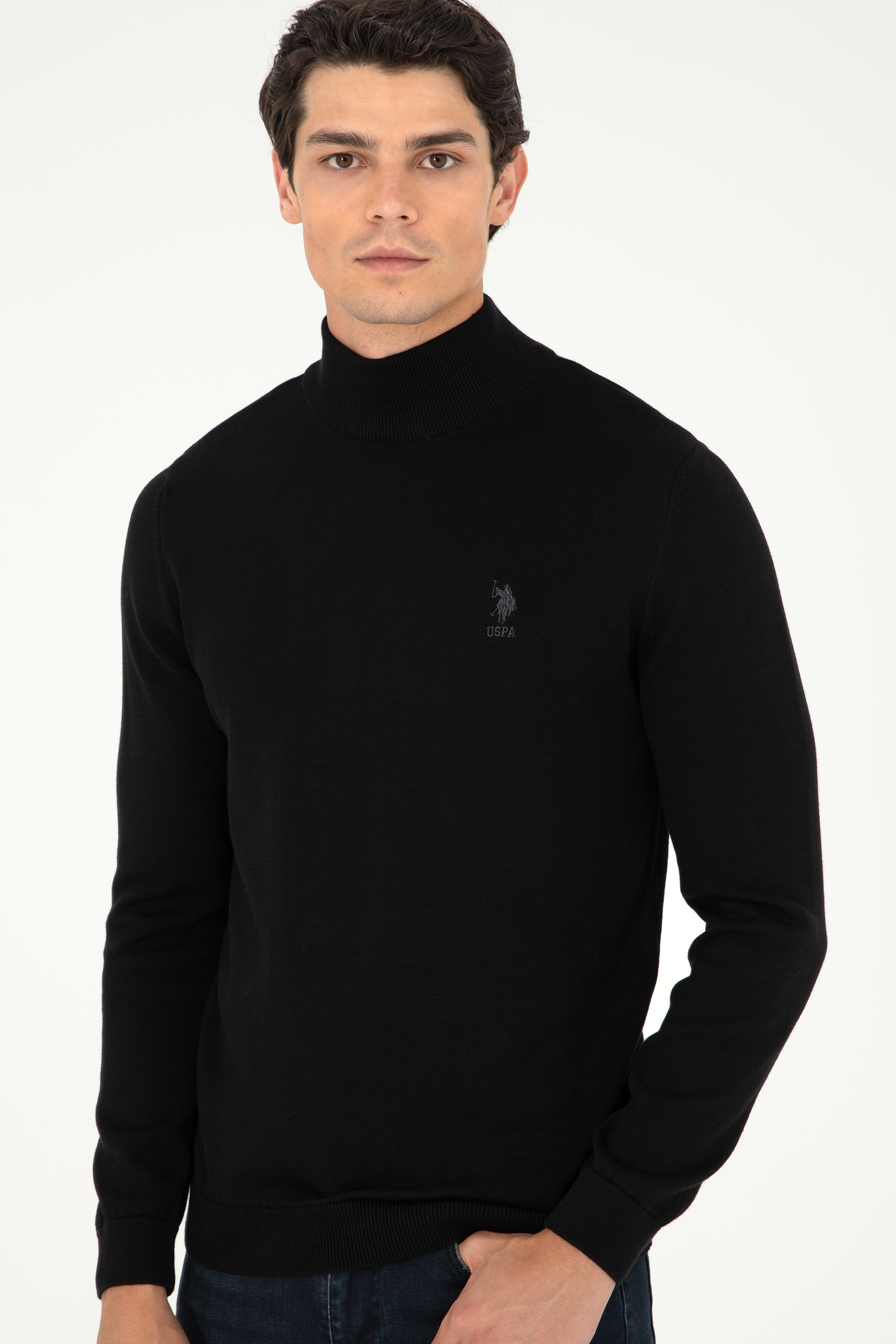 Erkek Slim Fit Yarım Boğazlı Siyah Basic Kazak