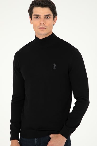 Erkek Slim Fit Yarım Boğazlı Siyah Basic Kazak
