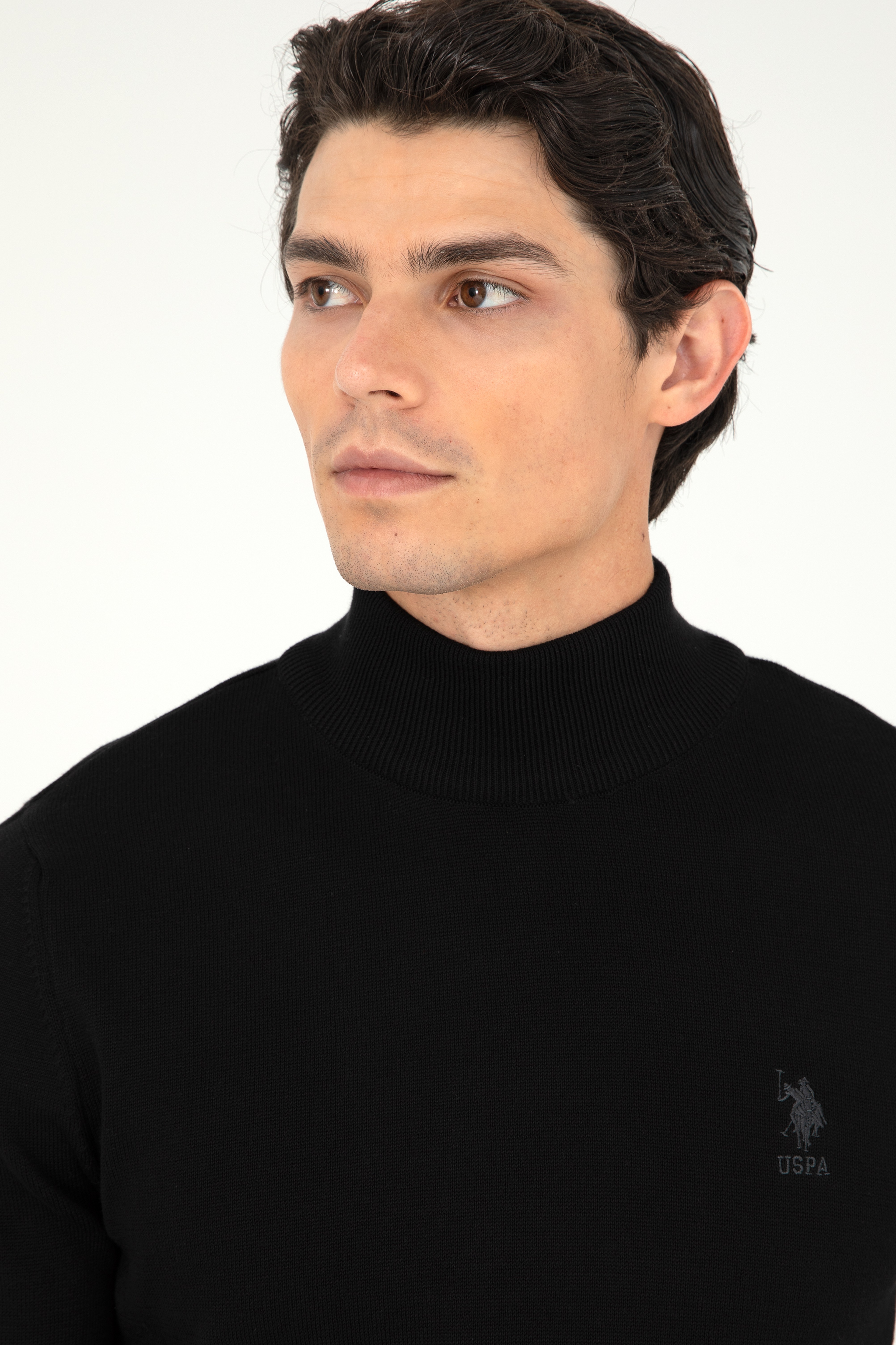 Erkek Slim Fit Yarım Boğazlı Siyah Basic Kazak - Image 2