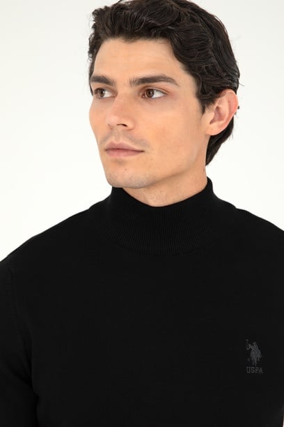 Erkek Slim Fit Yarım Boğazlı Siyah Basic Kazak