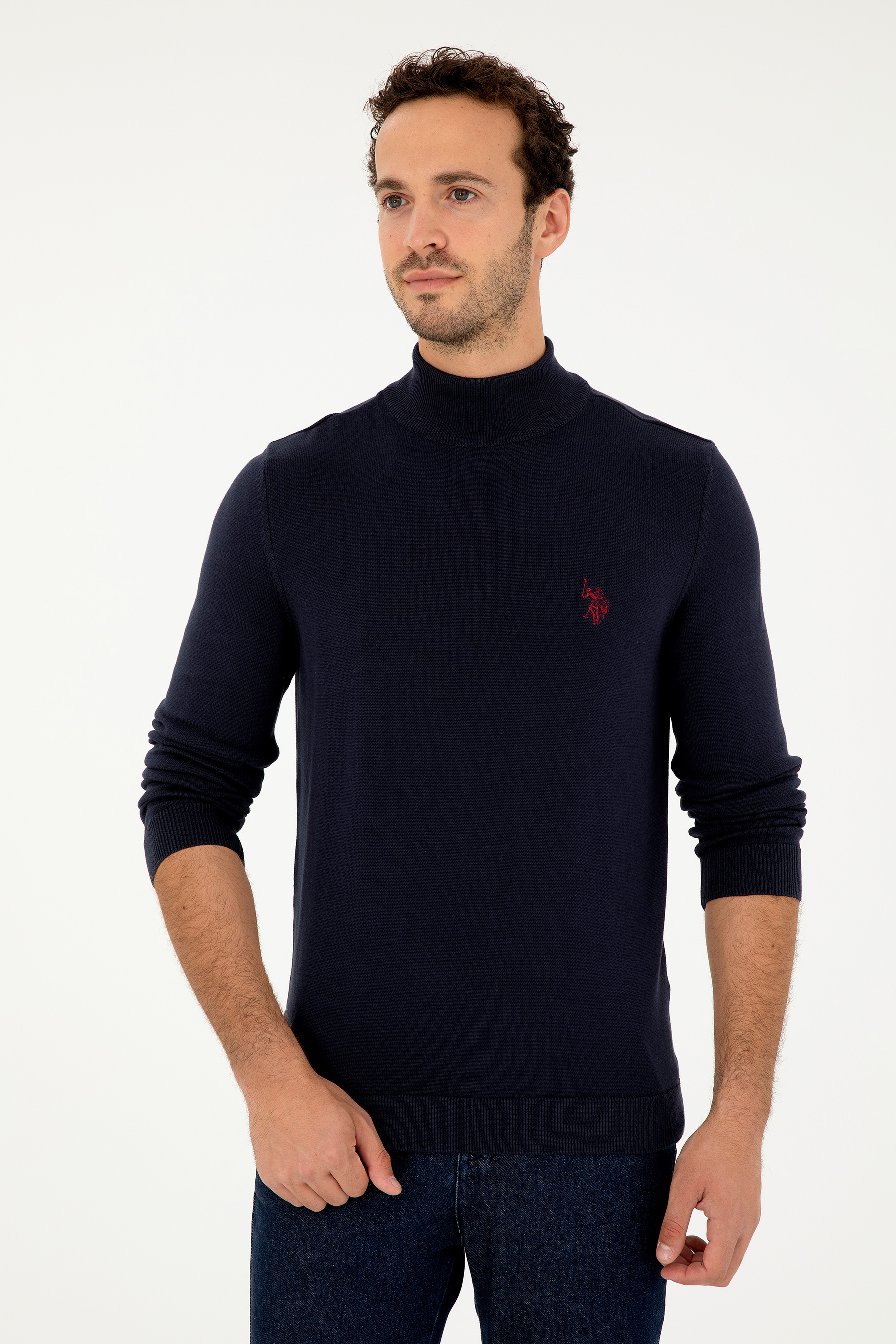 Erkek Slim Fit Yarım Boğazlı Lacivert Basic Kazak - Image 3