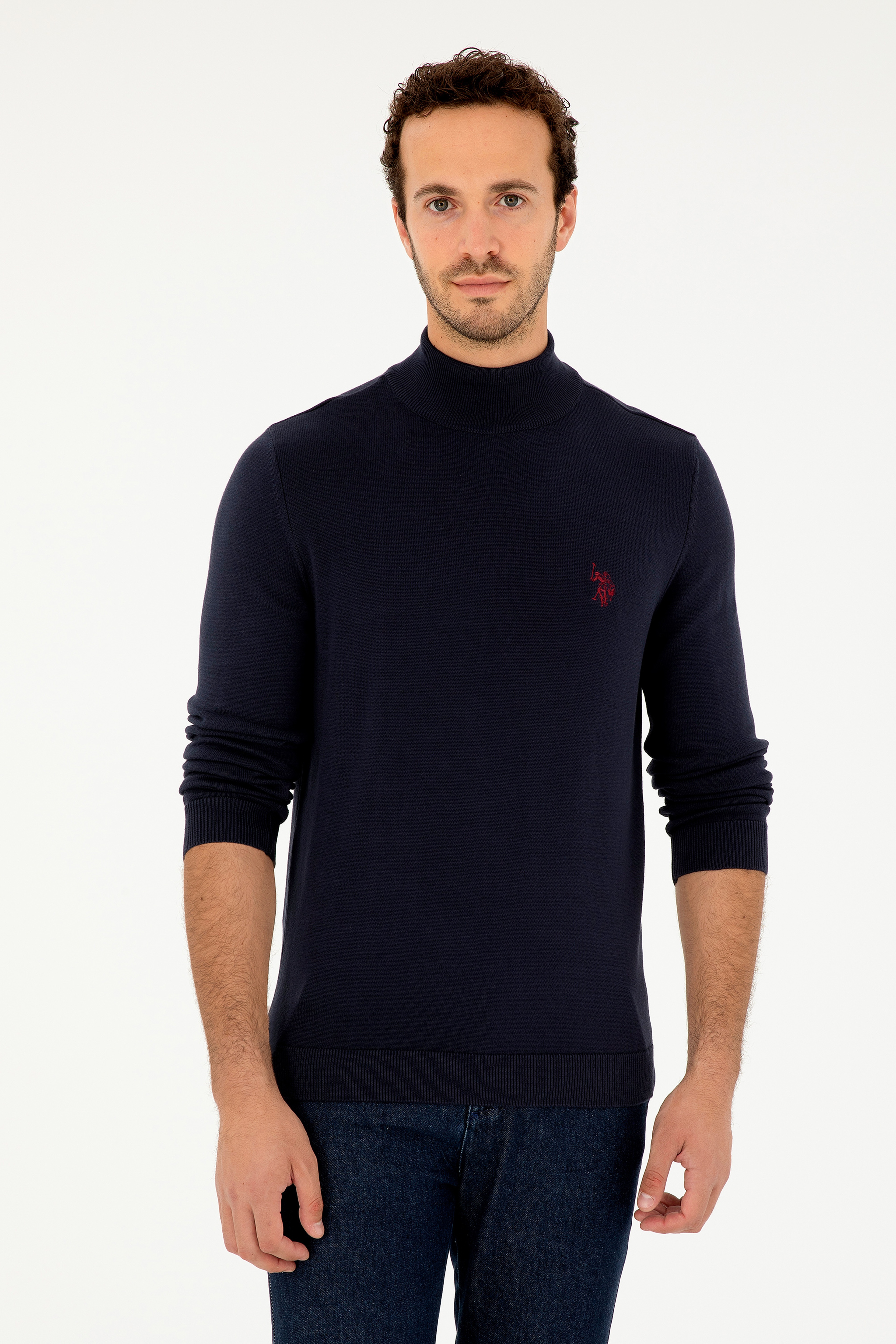 Erkek Slim Fit Yarım Boğazlı Lacivert Basic Kazak - Image 1
