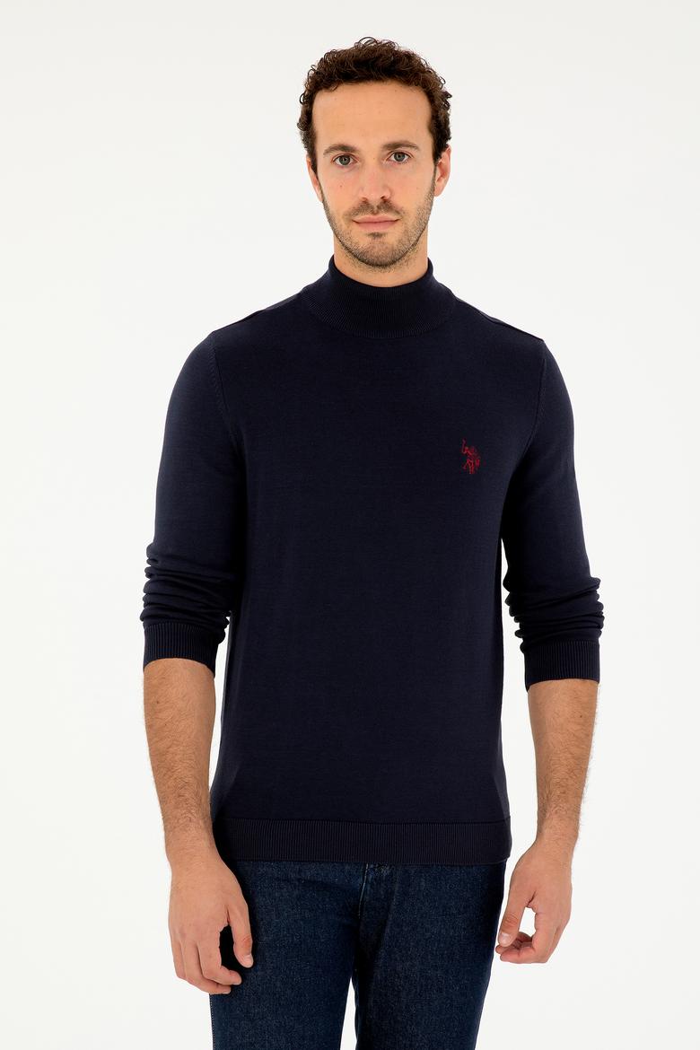 Erkek Slim Fit Yarım Boğazlı Lacivert Basic Kazak