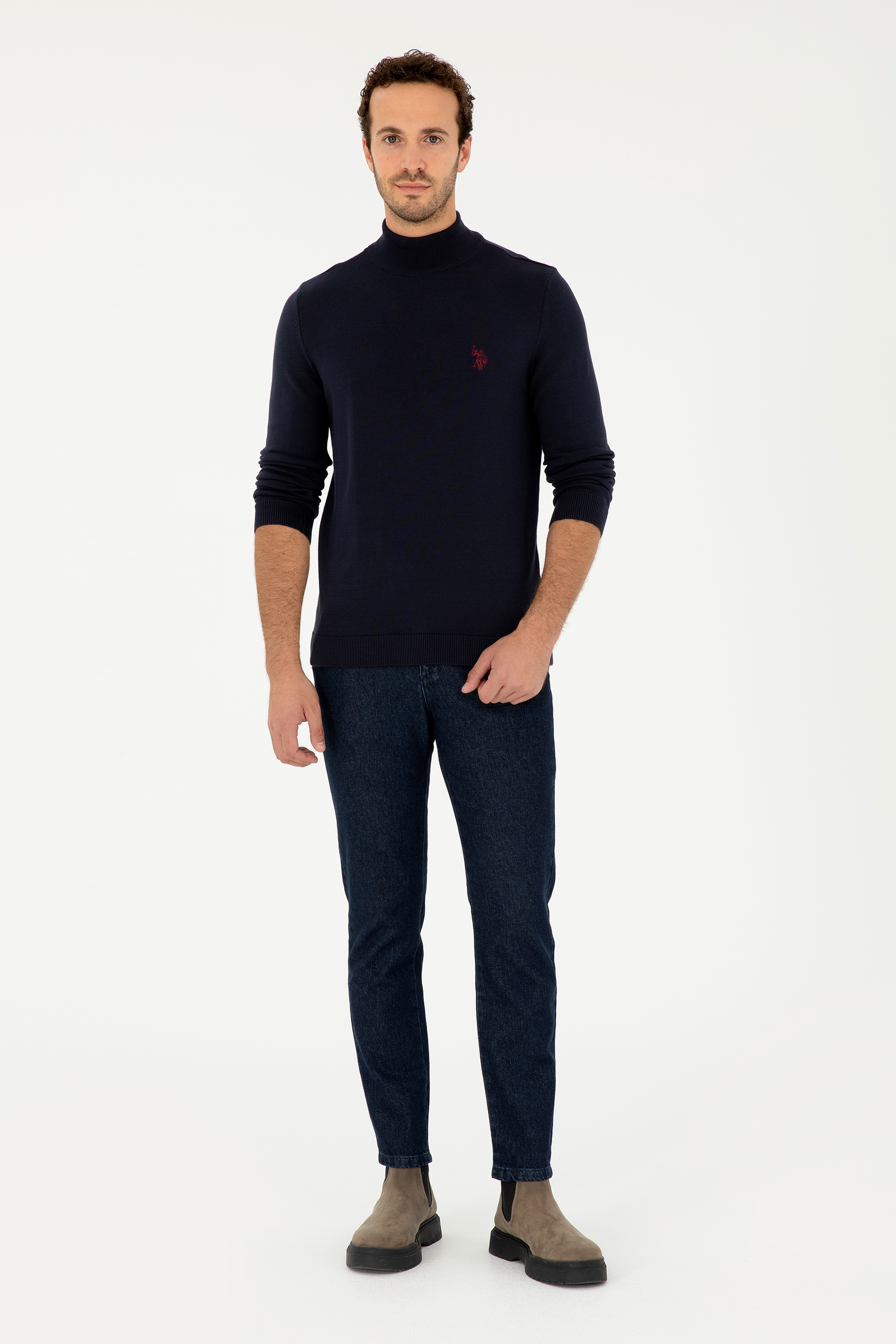 Erkek Slim Fit Yarım Boğazlı Lacivert Basic Kazak - Image 4