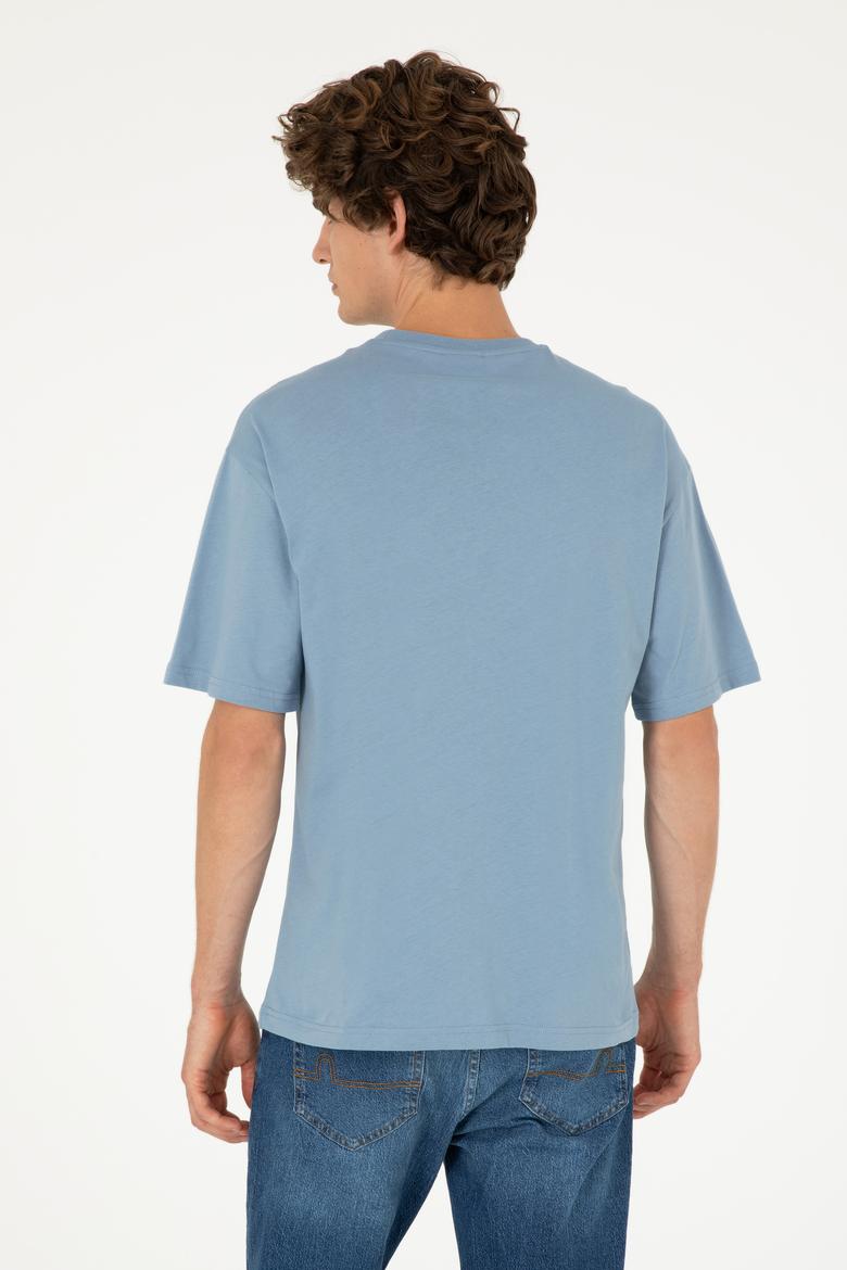 Erkek Comfort Fit Bisiklet Yaka İndigo Tişört - 50294322059