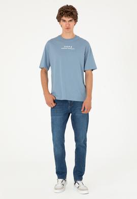 Erkek Comfort Fit Bisiklet Yaka İndigo Tişört - 50294322059