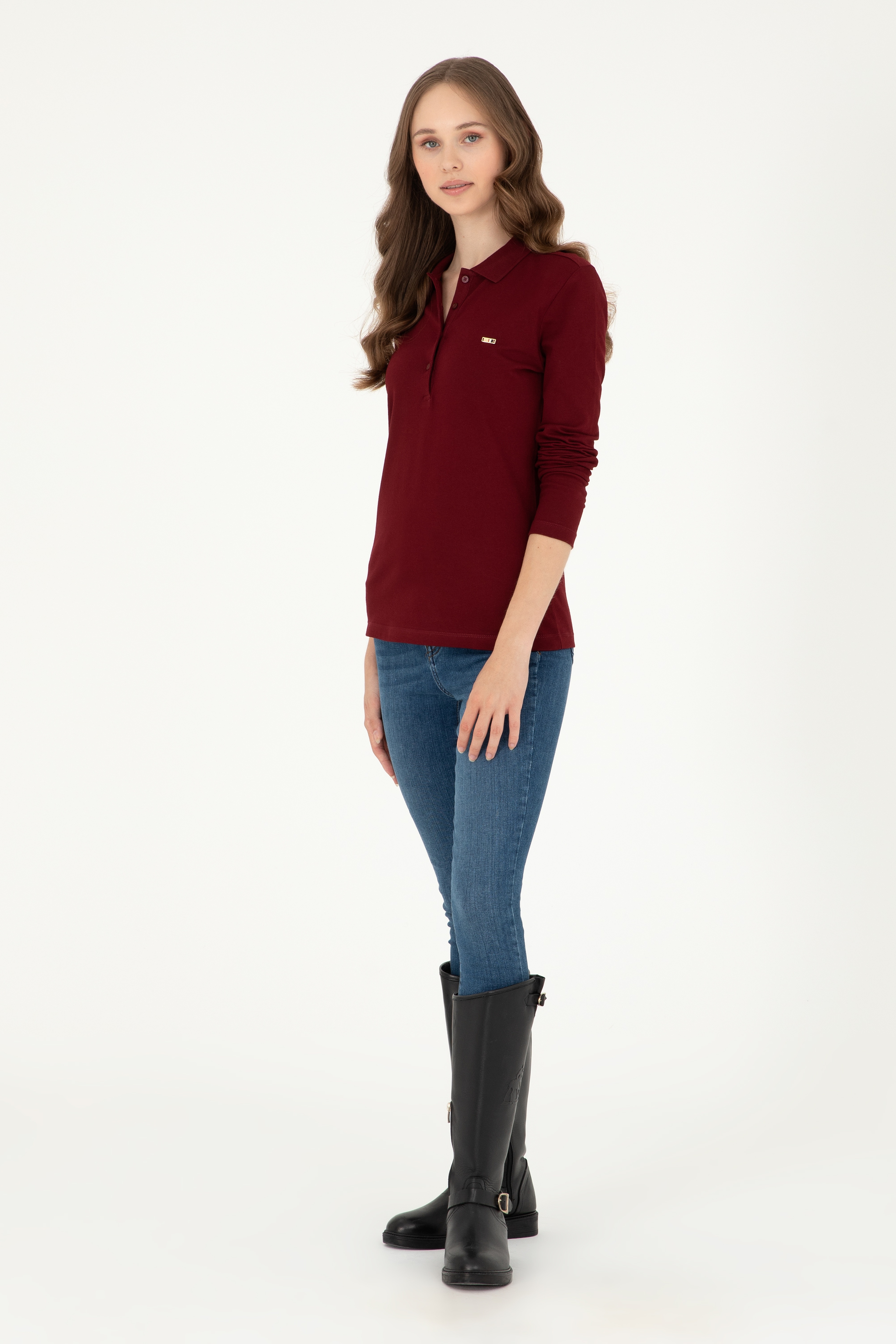 Kadın Bordo Basic Polo Yaka Sweatshirt - Image 4