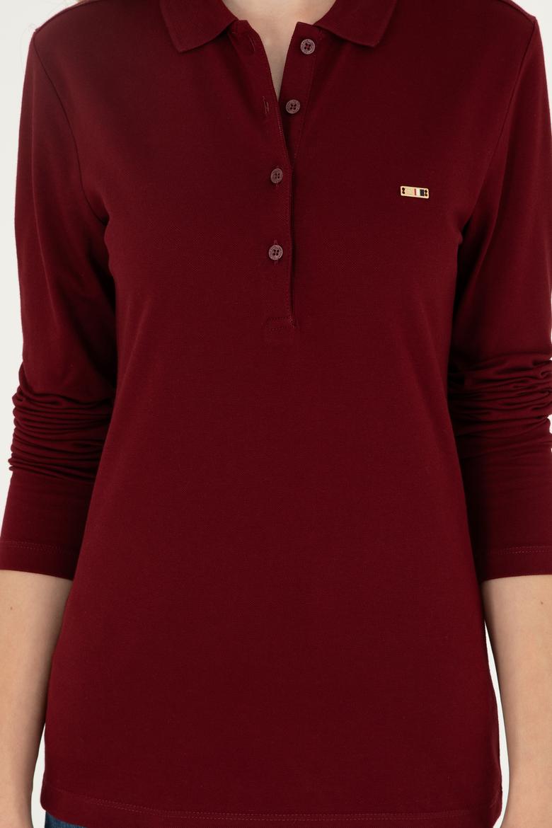 Kadın Bordo Basic Polo Yaka Sweatshirt - 50296941007