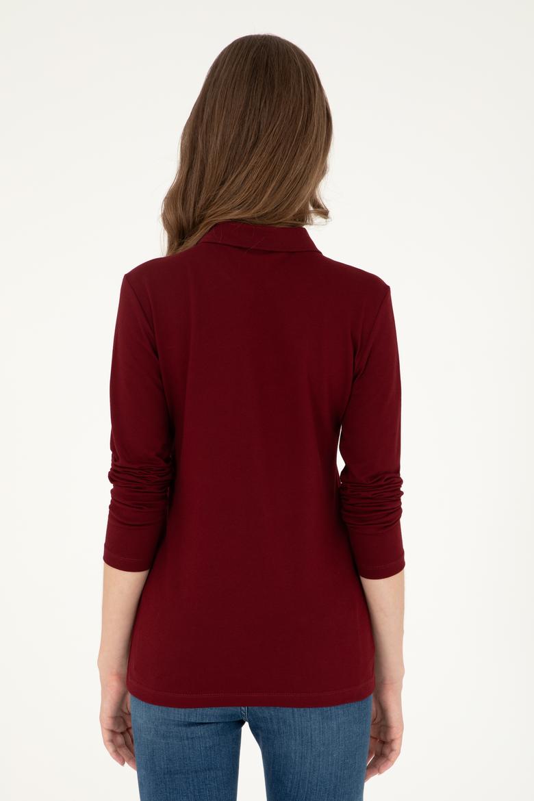 Kadın Bordo Basic Polo Yaka Sweatshirt - 50296941007