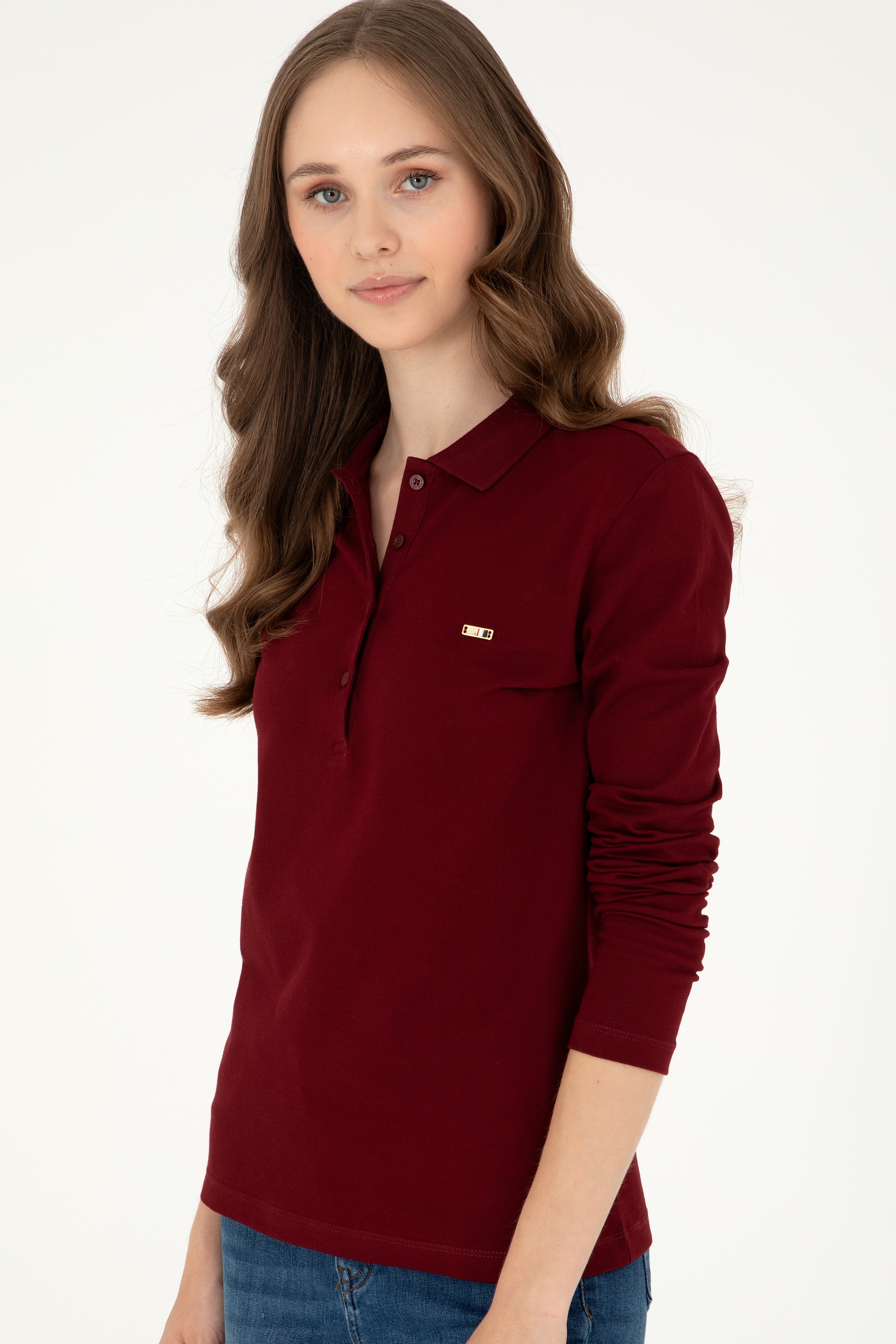 Kadın Bordo Basic Polo Yaka Sweatshirt - Image 3