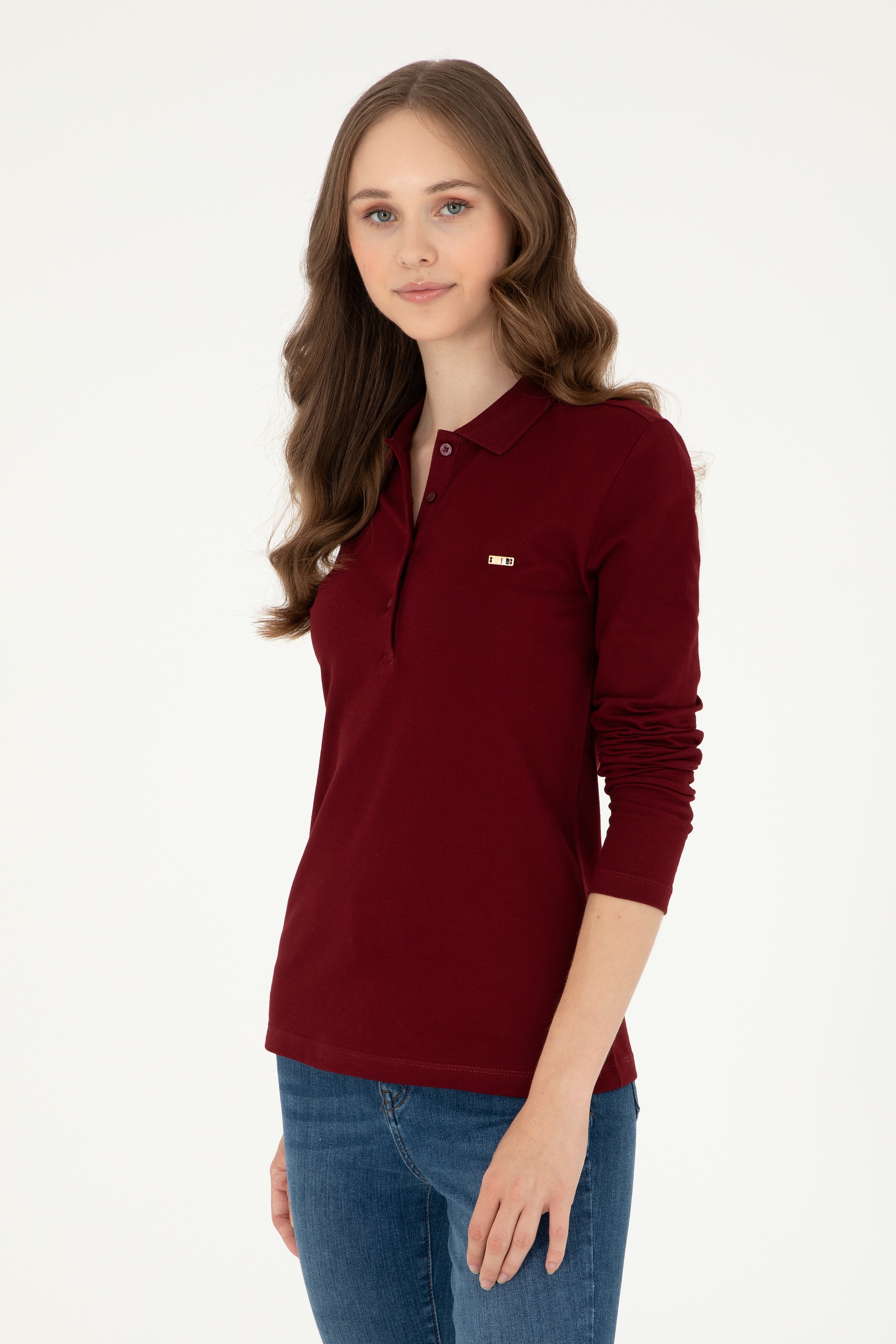 Kadın Bordo Basic Polo Yaka Sweatshirt - Image 1