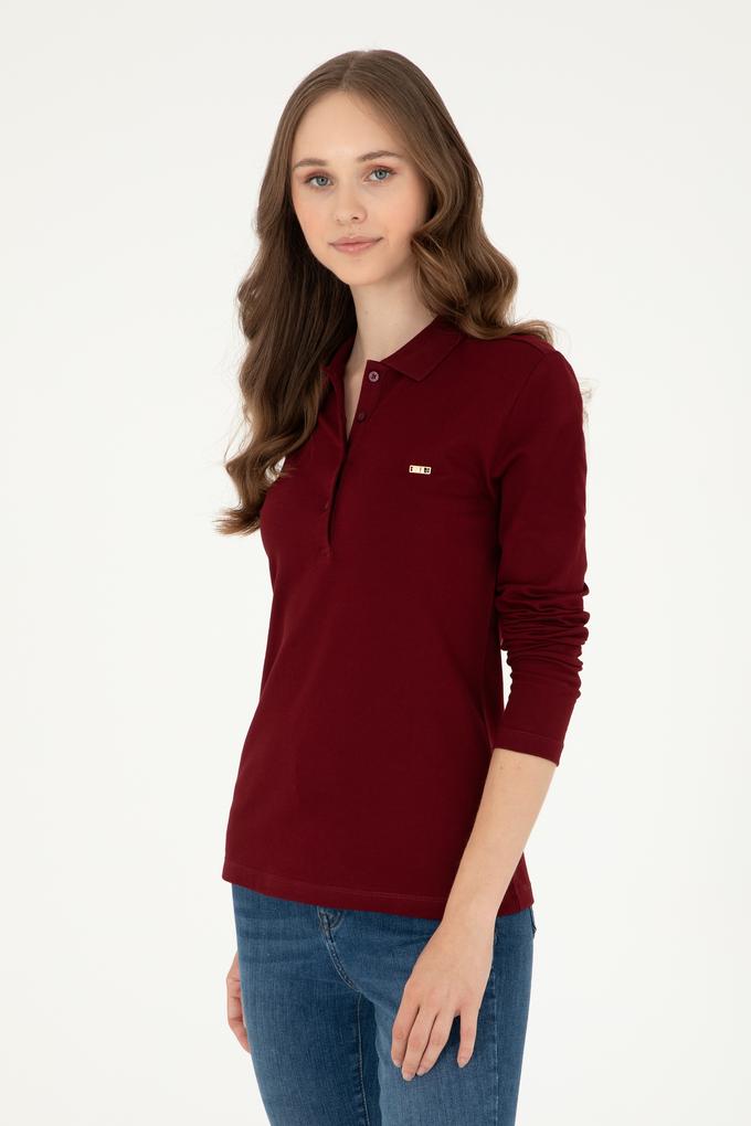 Kadın Bordo Basic Polo Yaka Sweatshirt