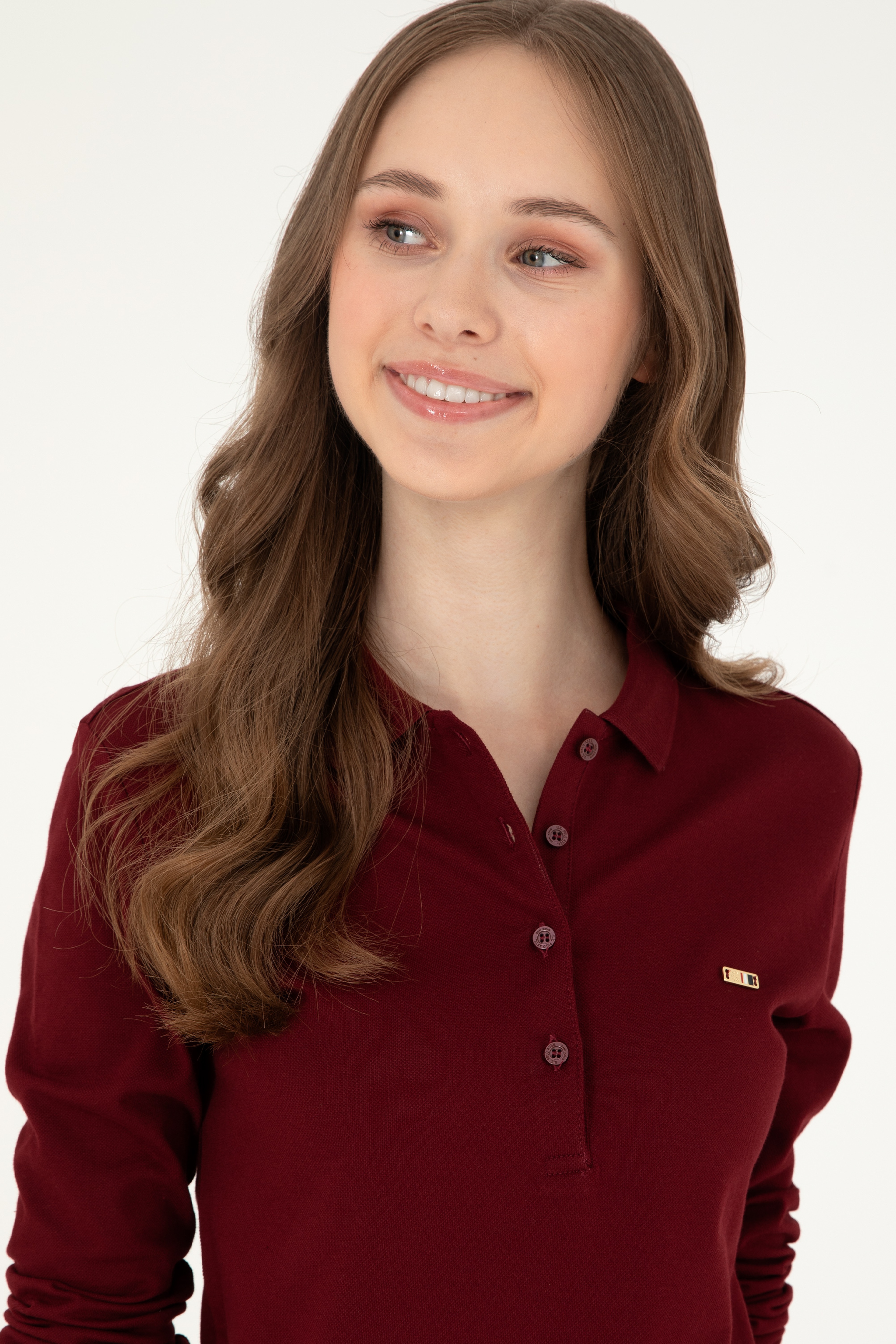 Kadın Bordo Basic Polo Yaka Sweatshirt - Image 2