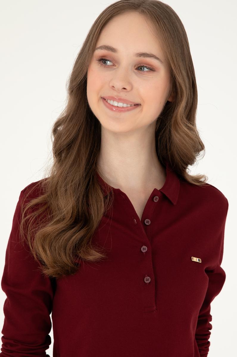Kadın Bordo Basic Polo Yaka Sweatshirt