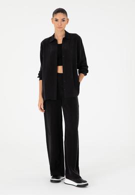 Siyah Yüksek Bel Kupro Kumaş Loose Fit Pantolon - 50291295003