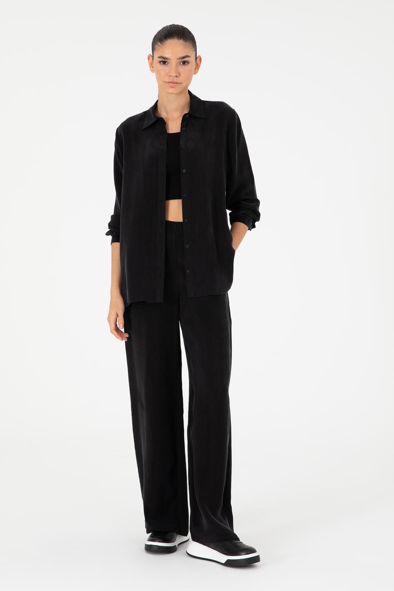 Siyah Yüksek Bel Kupro Kumaş Loose Fit Pantolon - 50291295003