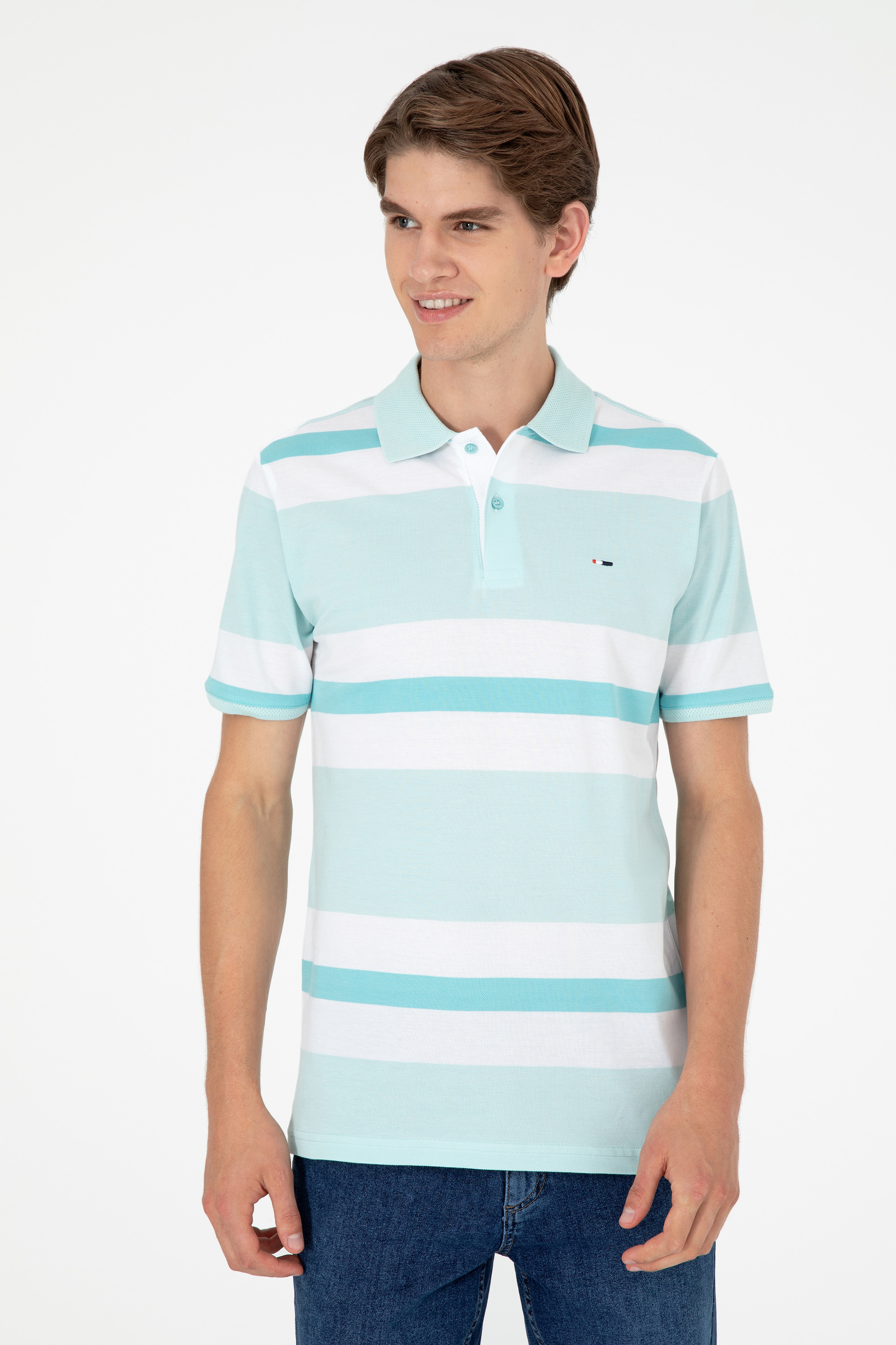 Erkek Regular Fit Polo Yaka Su Yeşili Tişört