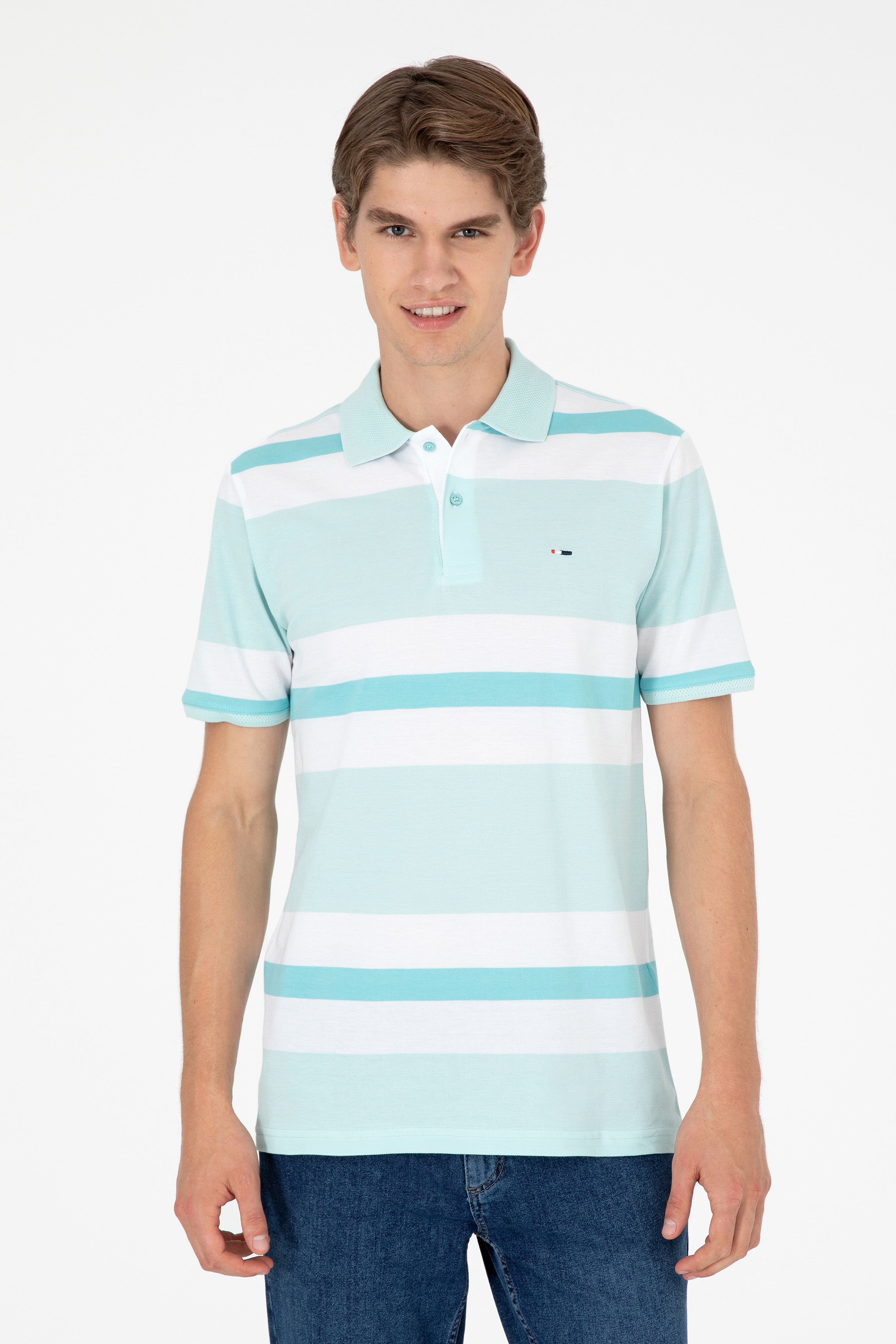 Erkek Regular Fit Polo Yaka Su Yeşili Tişört - Image 1