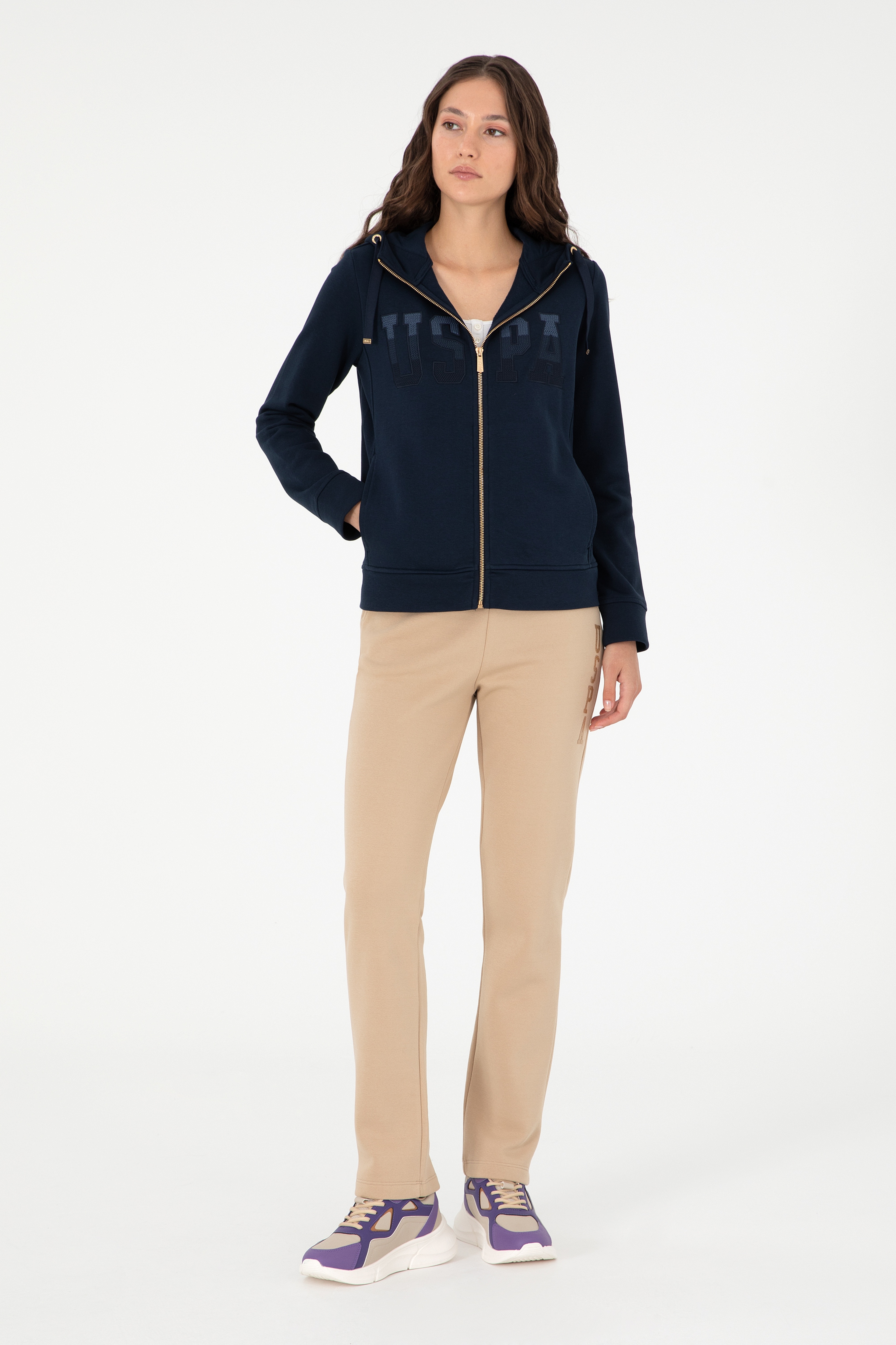Kadın Lacivert Basic Kapüşonlu Sweatshirt - Image 4
