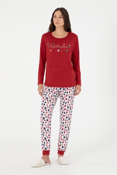 Kadın Bordo Yılbalı Temalı Pijama Takım