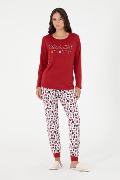 Kadın Bordo Yılbalı Temalı Pijama Takım