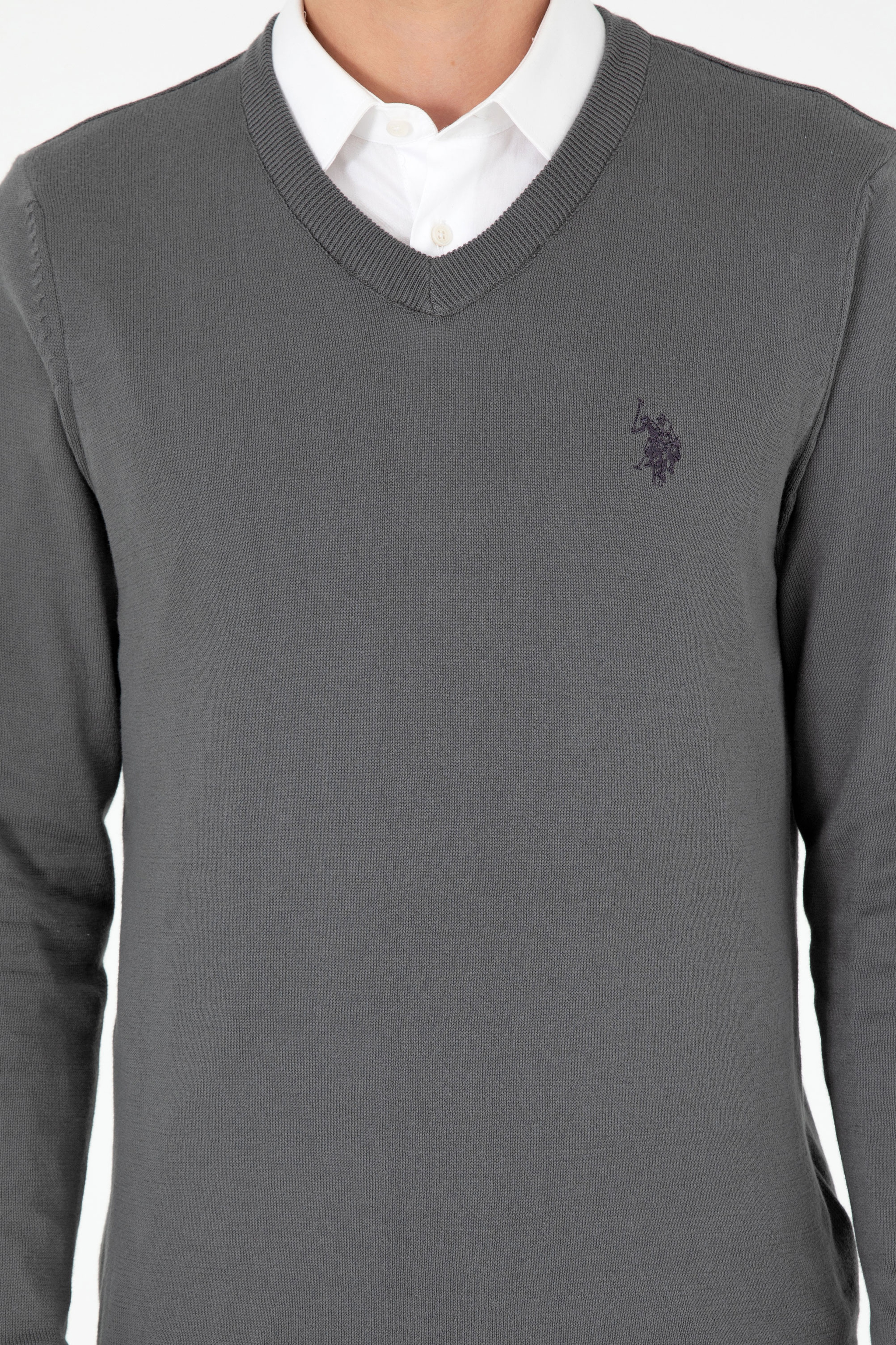 Erkek Slim Fit V Yaka Antrasit Basic Kazak