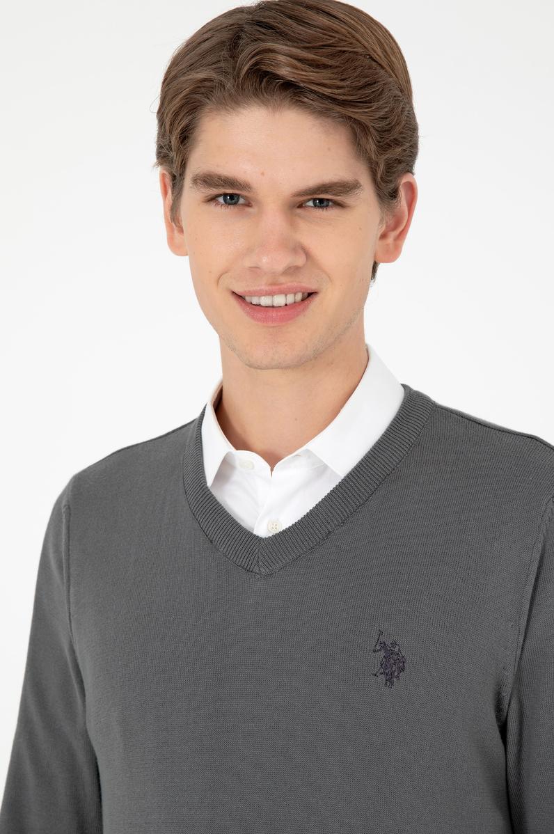 Erkek Slim Fit V Yaka Antrasit Basic Kazak