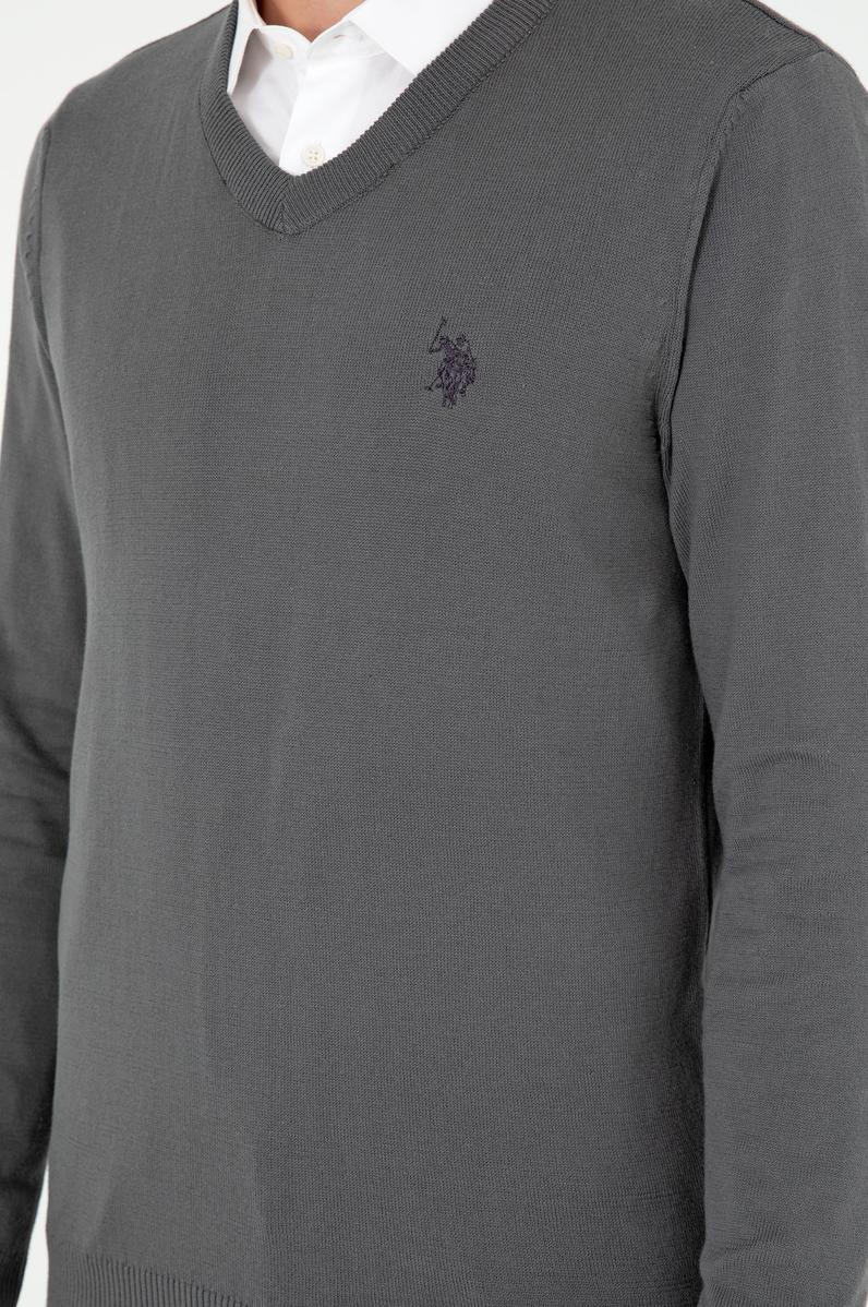 Erkek Slim Fit V Yaka Antrasit Basic Kazak