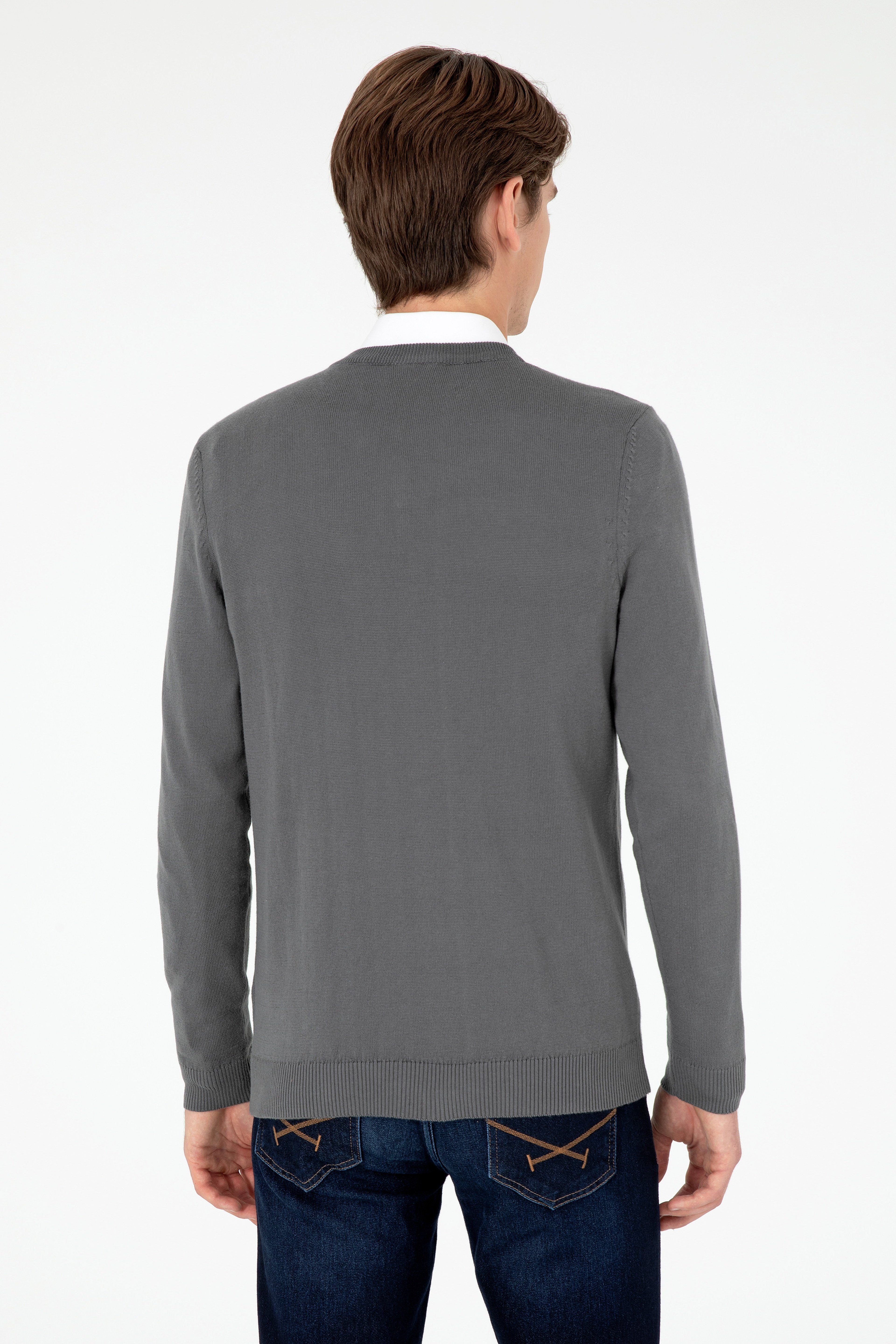 Erkek Slim Fit V Yaka Antrasit Basic Kazak - Image 5