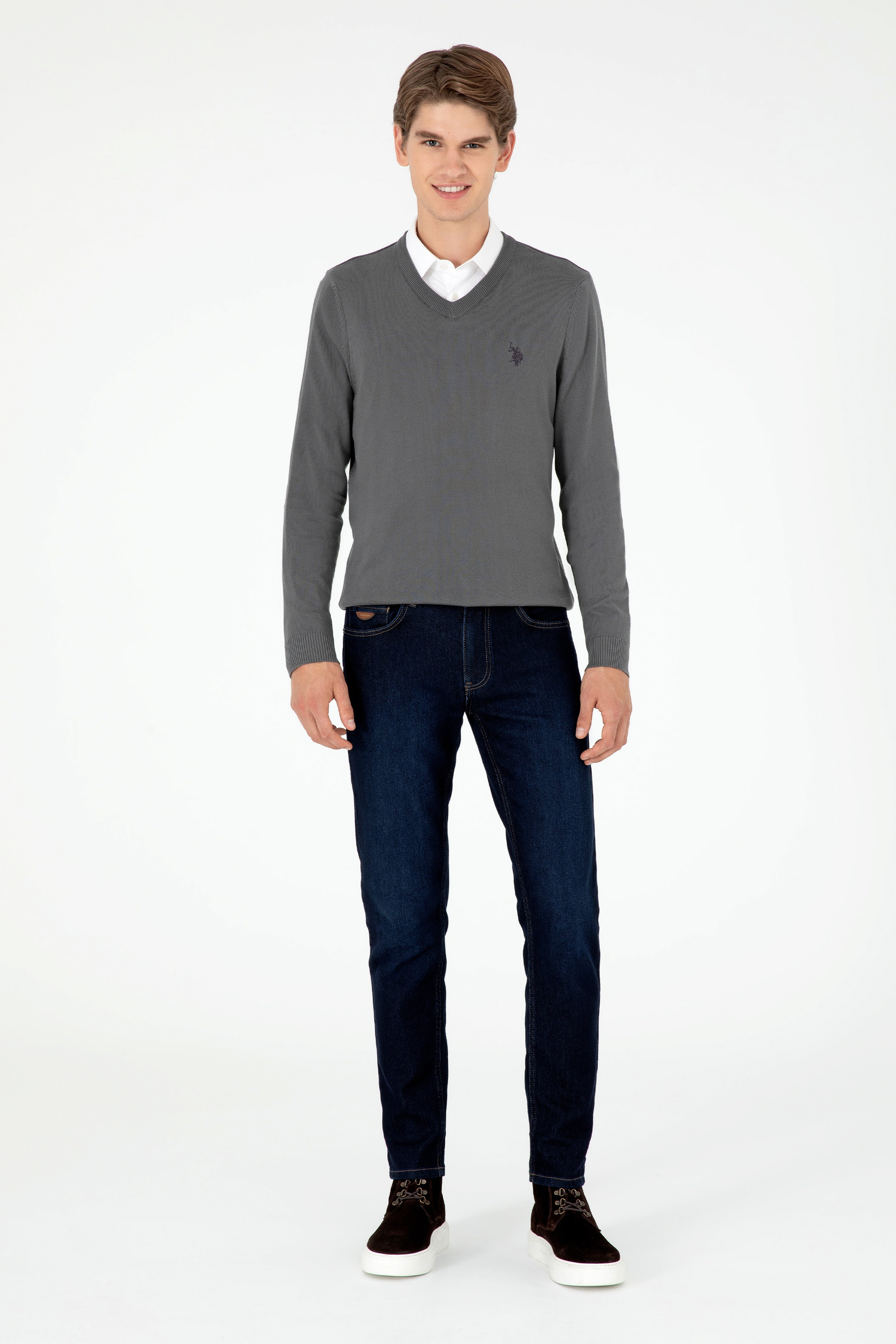 Erkek Slim Fit V Yaka Antrasit Basic Kazak