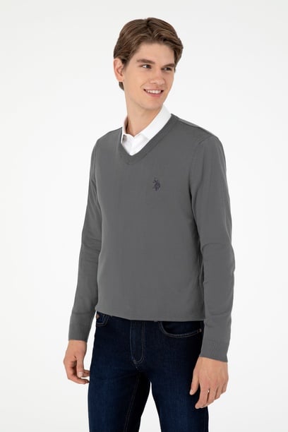 Erkek Slim Fit V Yaka Antrasit Basic Kazak