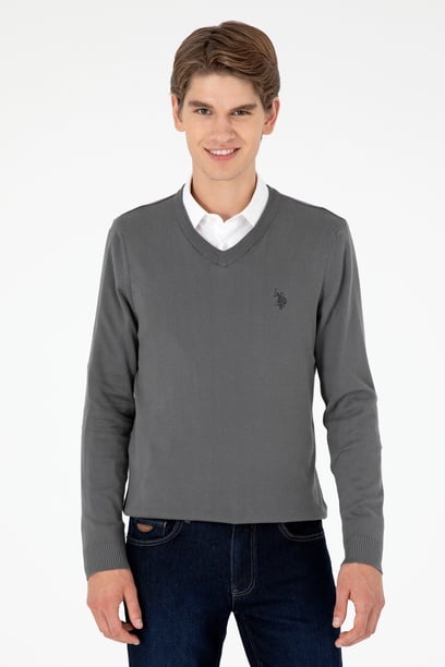 Erkek Slim Fit V Yaka Antrasit Basic Kazak